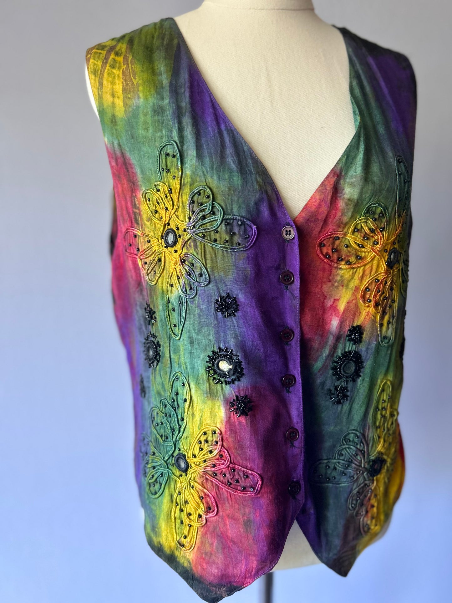 Vintage Embroidered Tie-Dye Beaded Vest – Size L, Viscose
