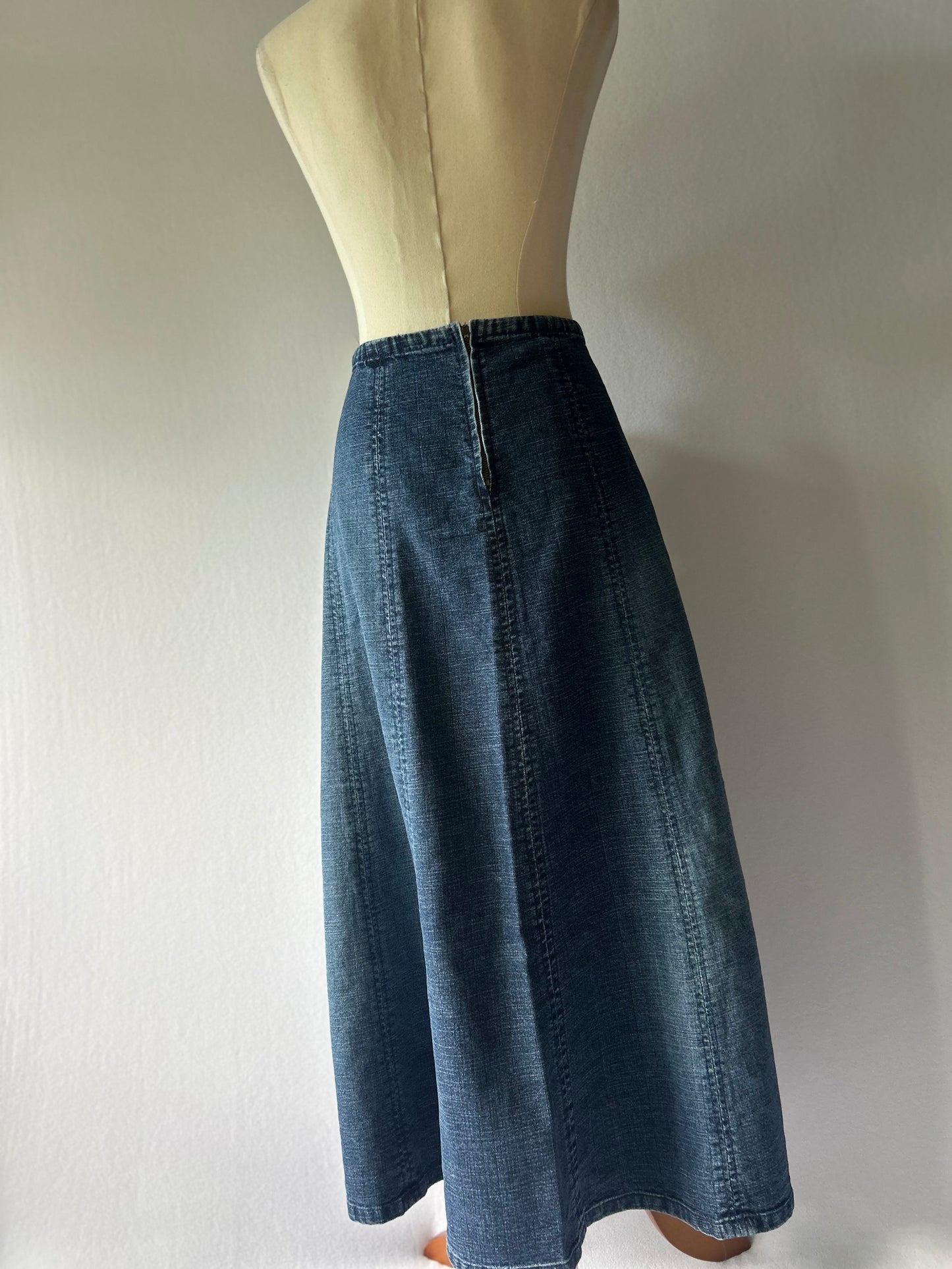 Paneled Stretch Denim Maxi Skirt - Dark Indigo Wash - Size 14