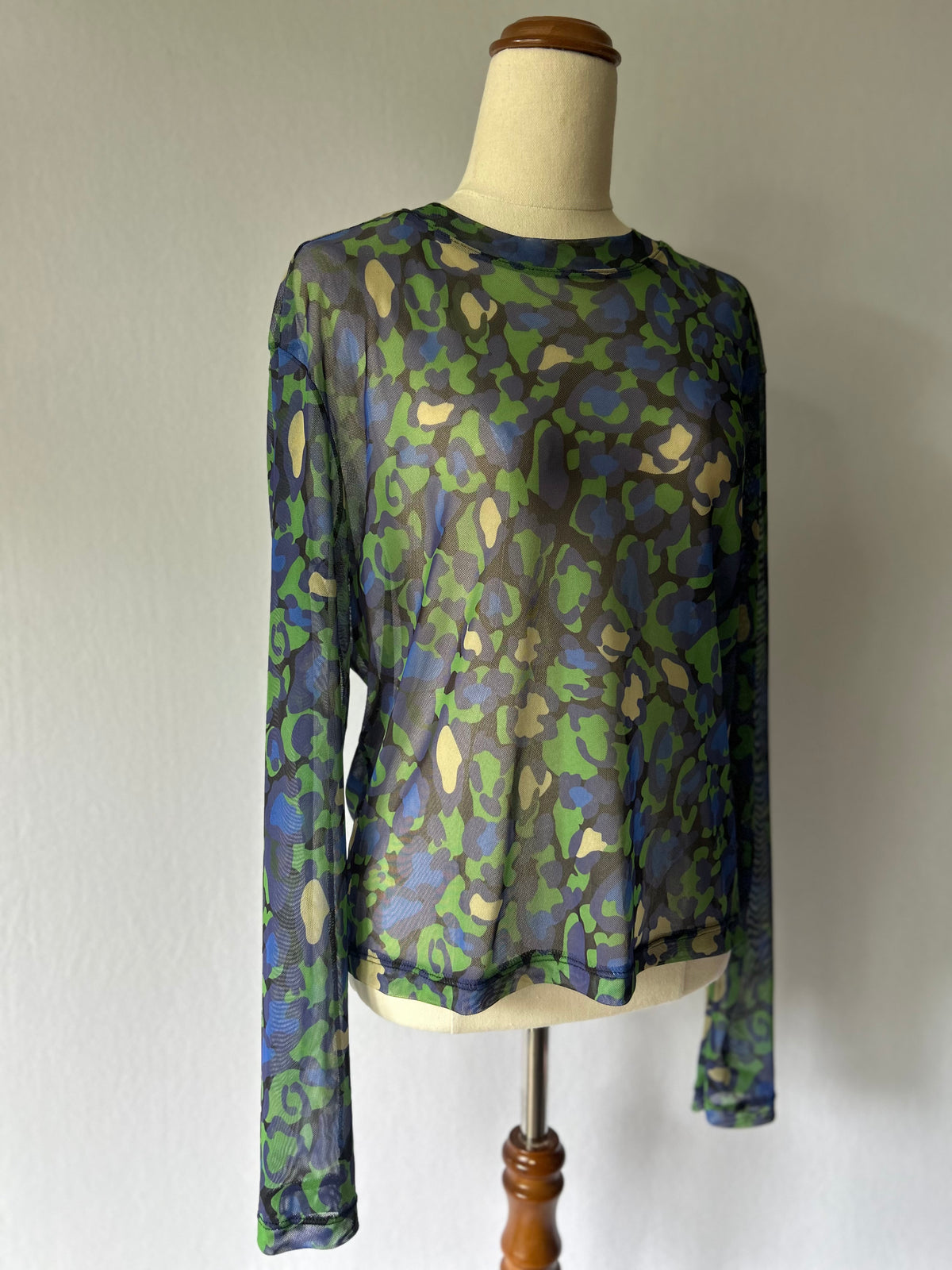 Abstract Print Sheer Mesh Long Sleeve Top — Size XL