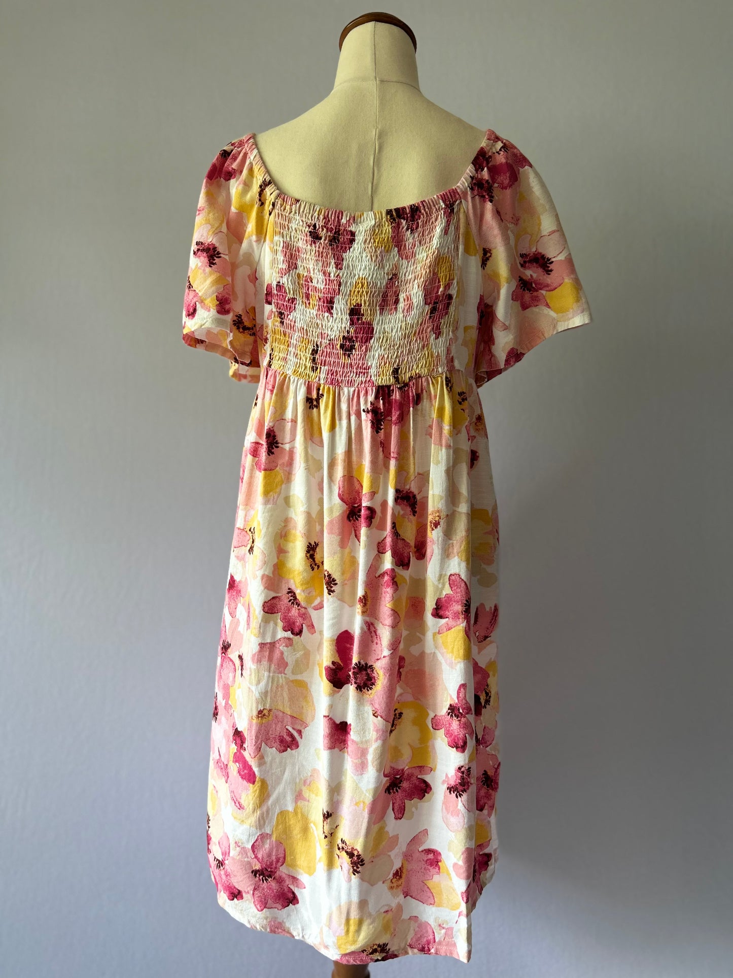 Size 12 | Flowy Floral Cotton Babydoll Dress | Pink Yellow Square Neck