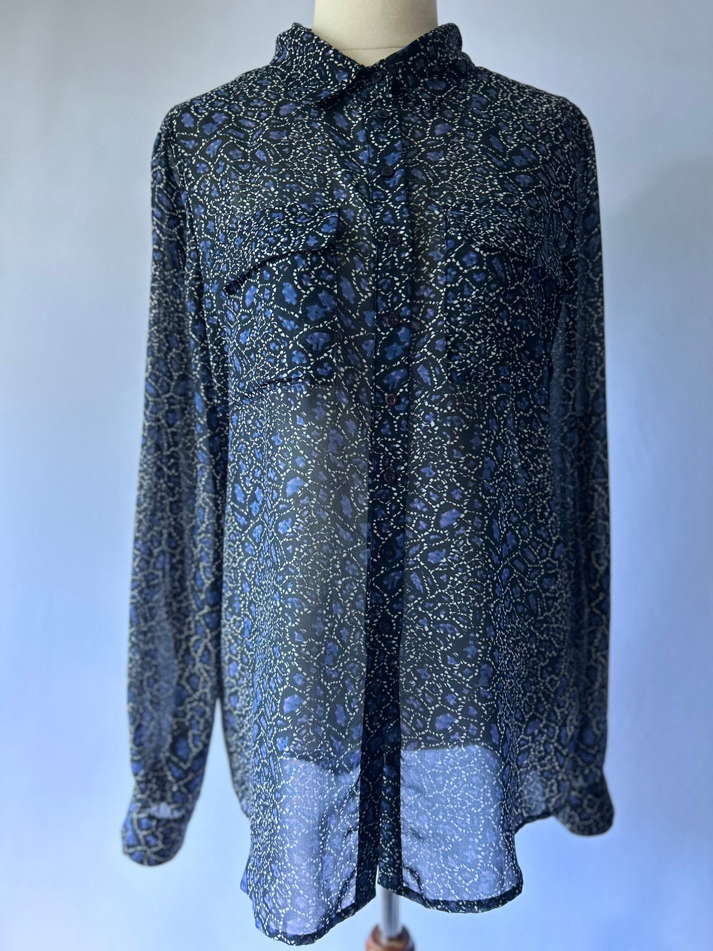 Sheer Printed Long Sleeve Blouse – Blue & Black – Size 10