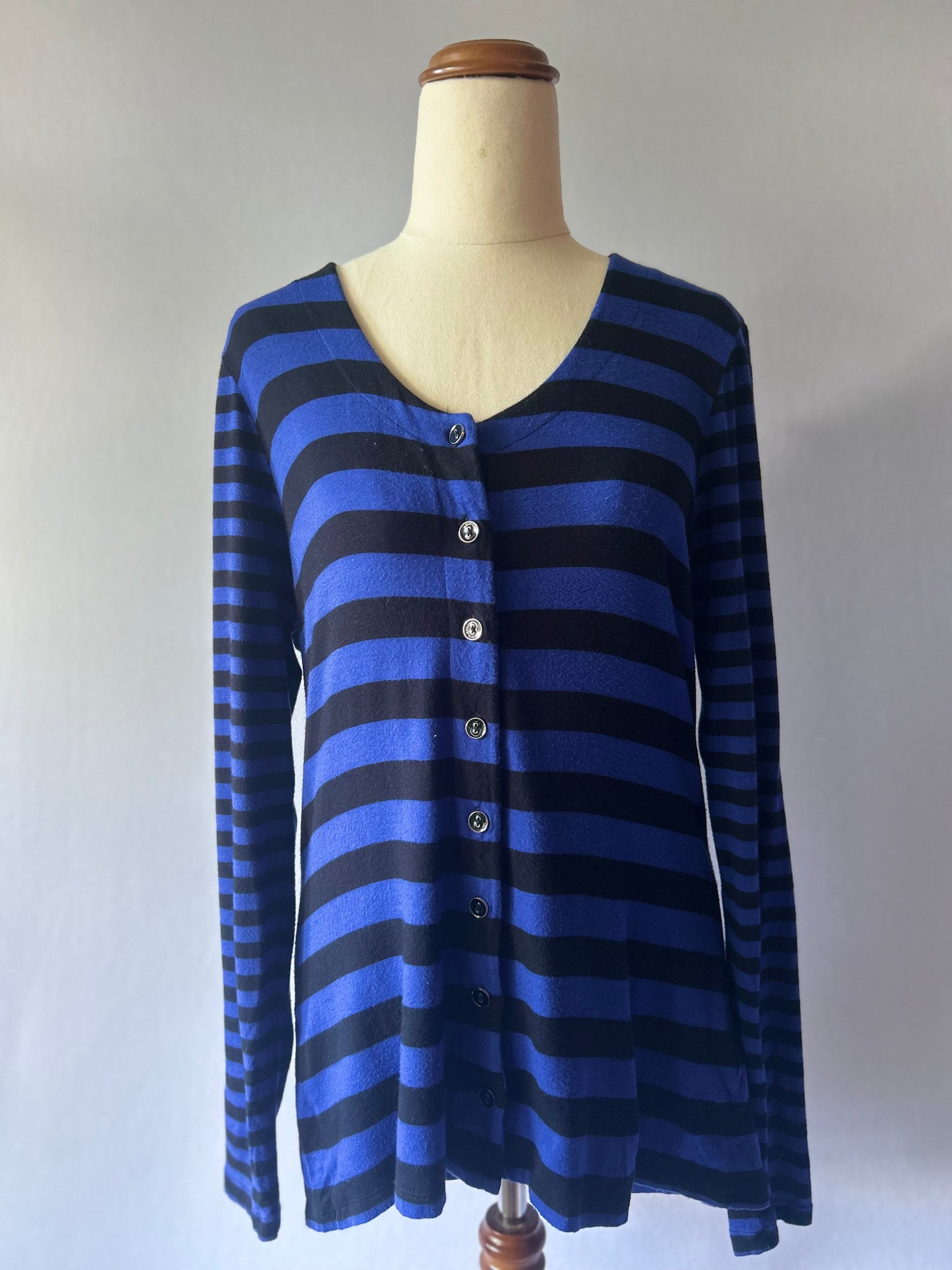 Striped Viscose Jersey Button-Up Long-Sleeve Top - Royal Blue & Black - Size Small