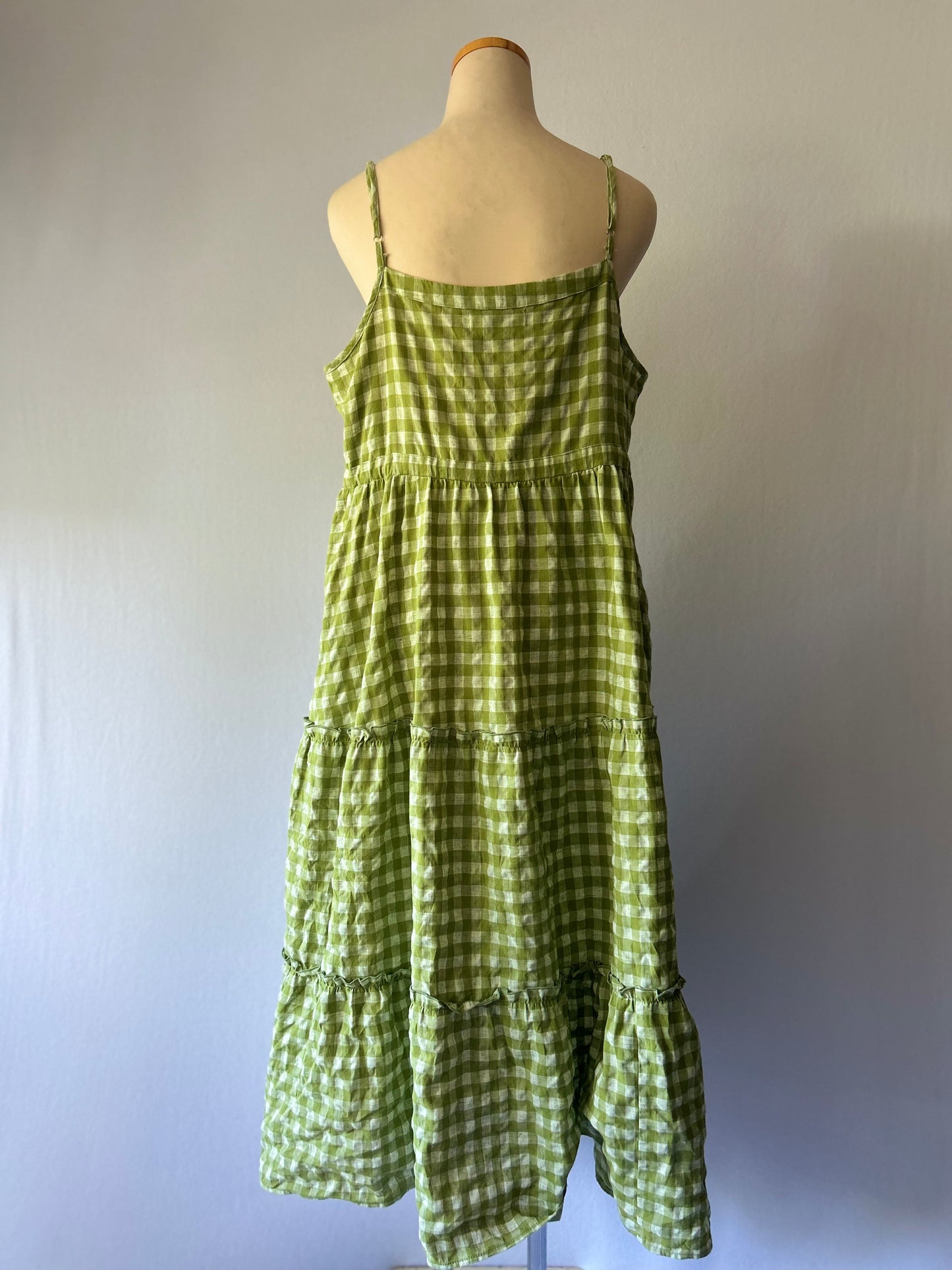 Sage Green Gingham Tiered Linen-Blend Maxi Dress - Size L
