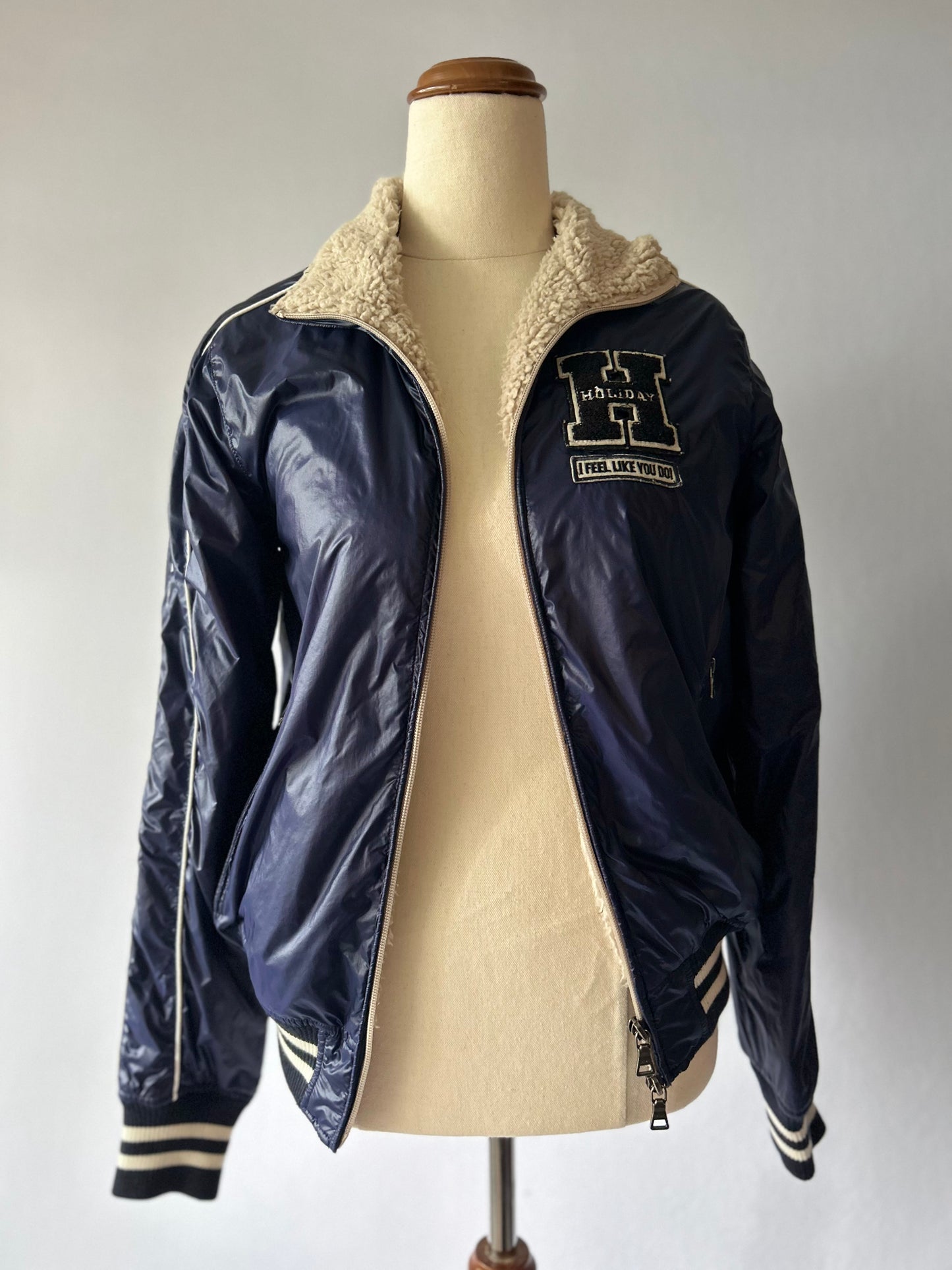 Holiday Varsity Coated Track Jacket - Sherpa-Lined Navy Blue - Size S/M