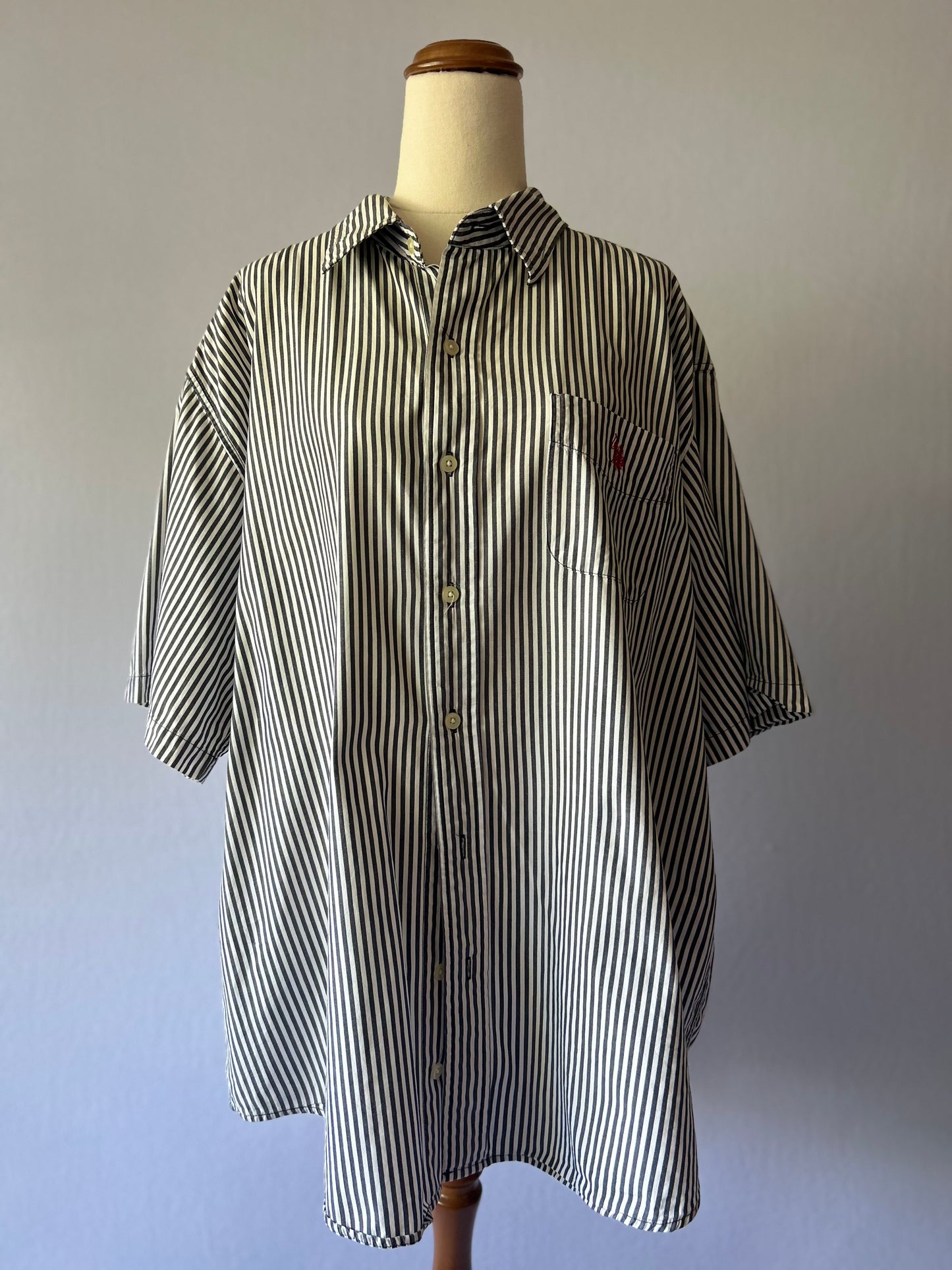 Size XL | Classic Short Sleeve Pinstripe Cotton Shirt | Oversized Button-Down