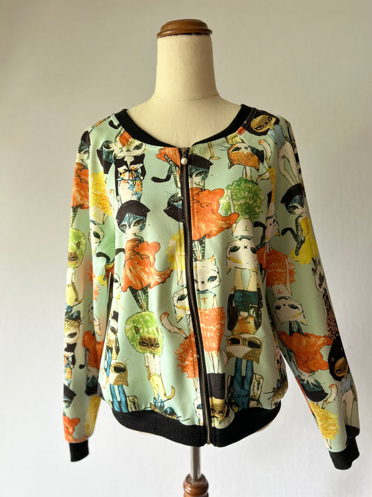 Whimsical Cat Print Bomber Jacket - Size L