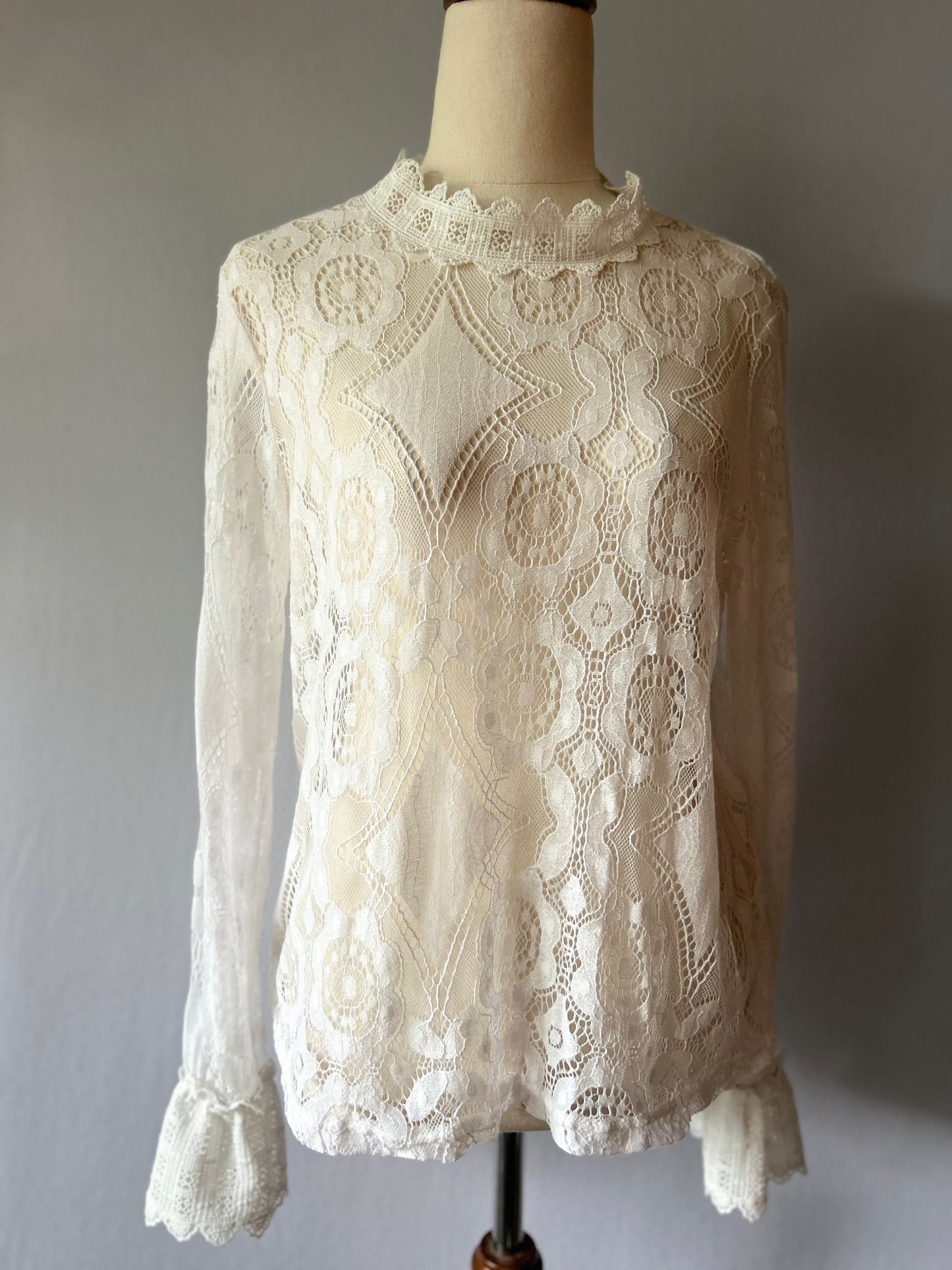 Romantic Sheer Floral Lace Blouse - Ivory White - Size M