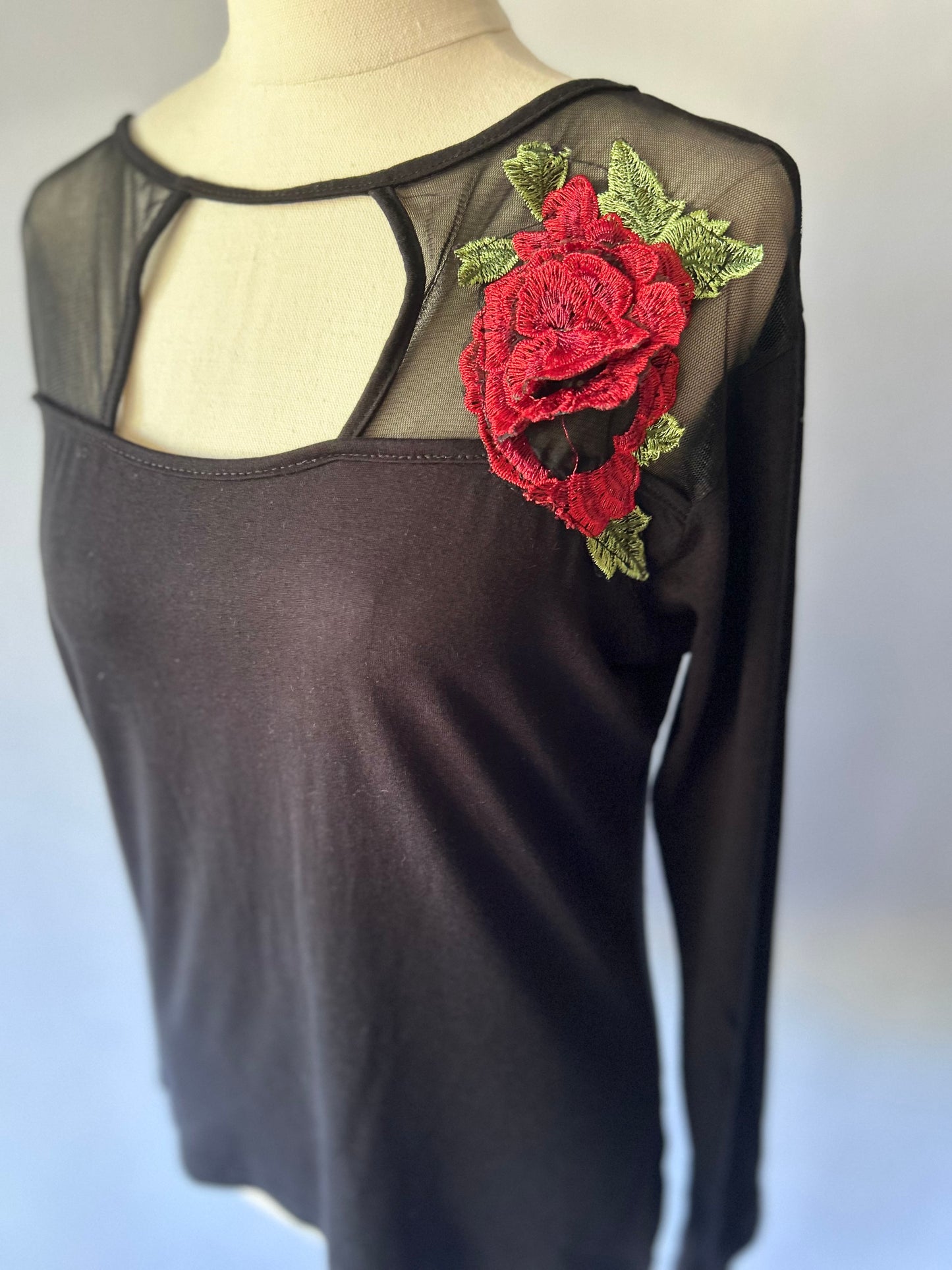 Black Long-Sleeve Mesh Panel Top with 3D Rose Appliqué - Size M/L