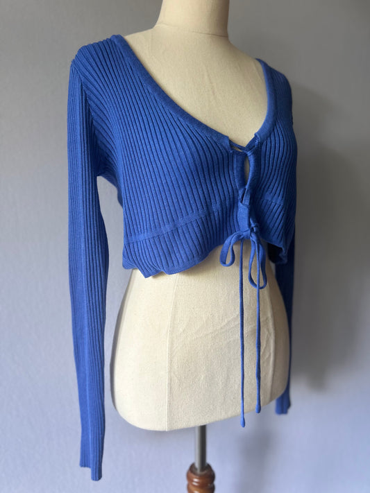 Cornflower Blue Ribbed Tie-Front Cropped Cardigan - Size L