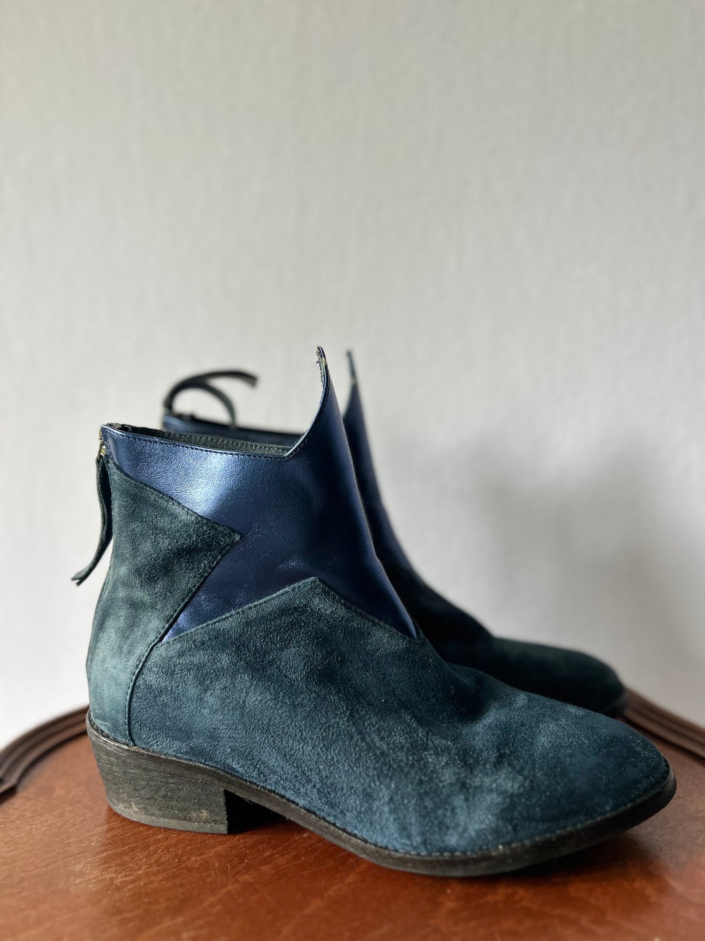 Indigo Suede & Metallic Paneled Ankle Boots – Size 36