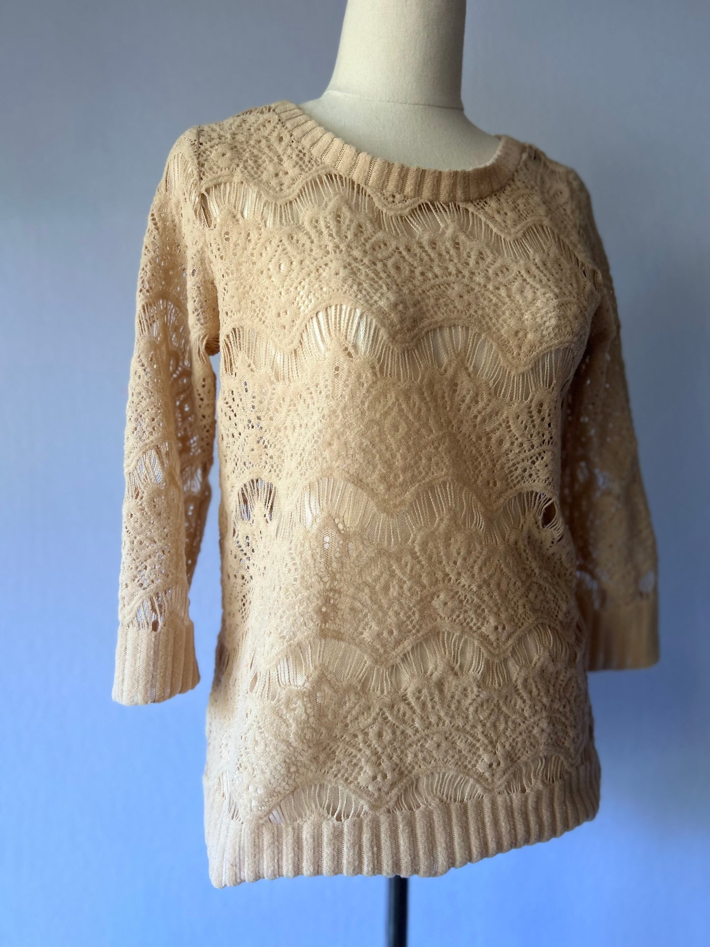 Beige Open-Knit Scalloped Lace Sweater - Size  small