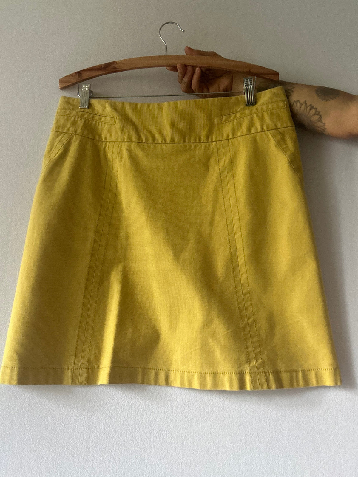 Cue Mustard Yellow Panelled Cotton A-Line Skirt - Size 14