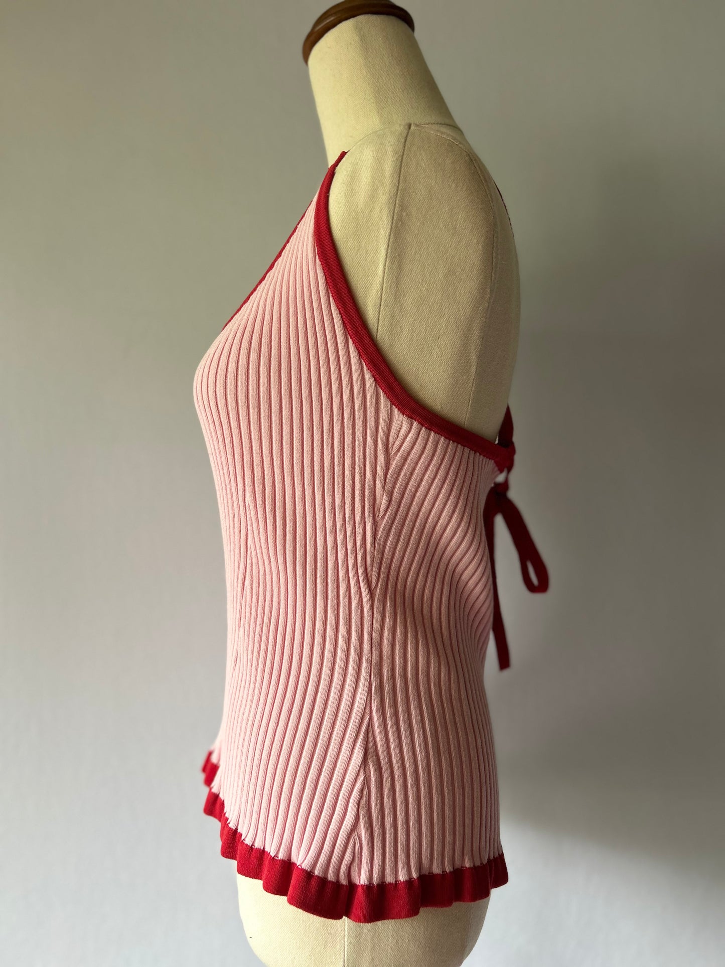 Ruby Pink Ribbed Knit Cami Tank Top with Red Contrast Trim - Size 12