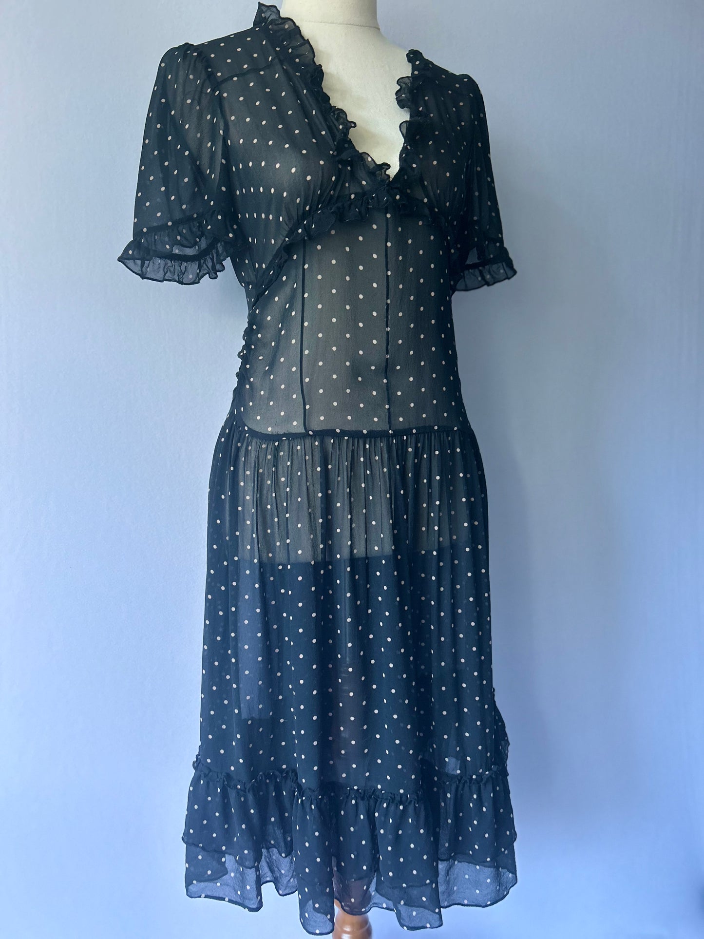 Alannah Hill 100% Silk Polka Dot Ruffle Midi Dress - Size 8