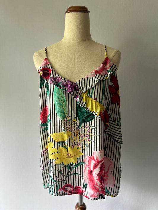 Floral Stripe Cold-Shoulder Ruffle Top – Size L