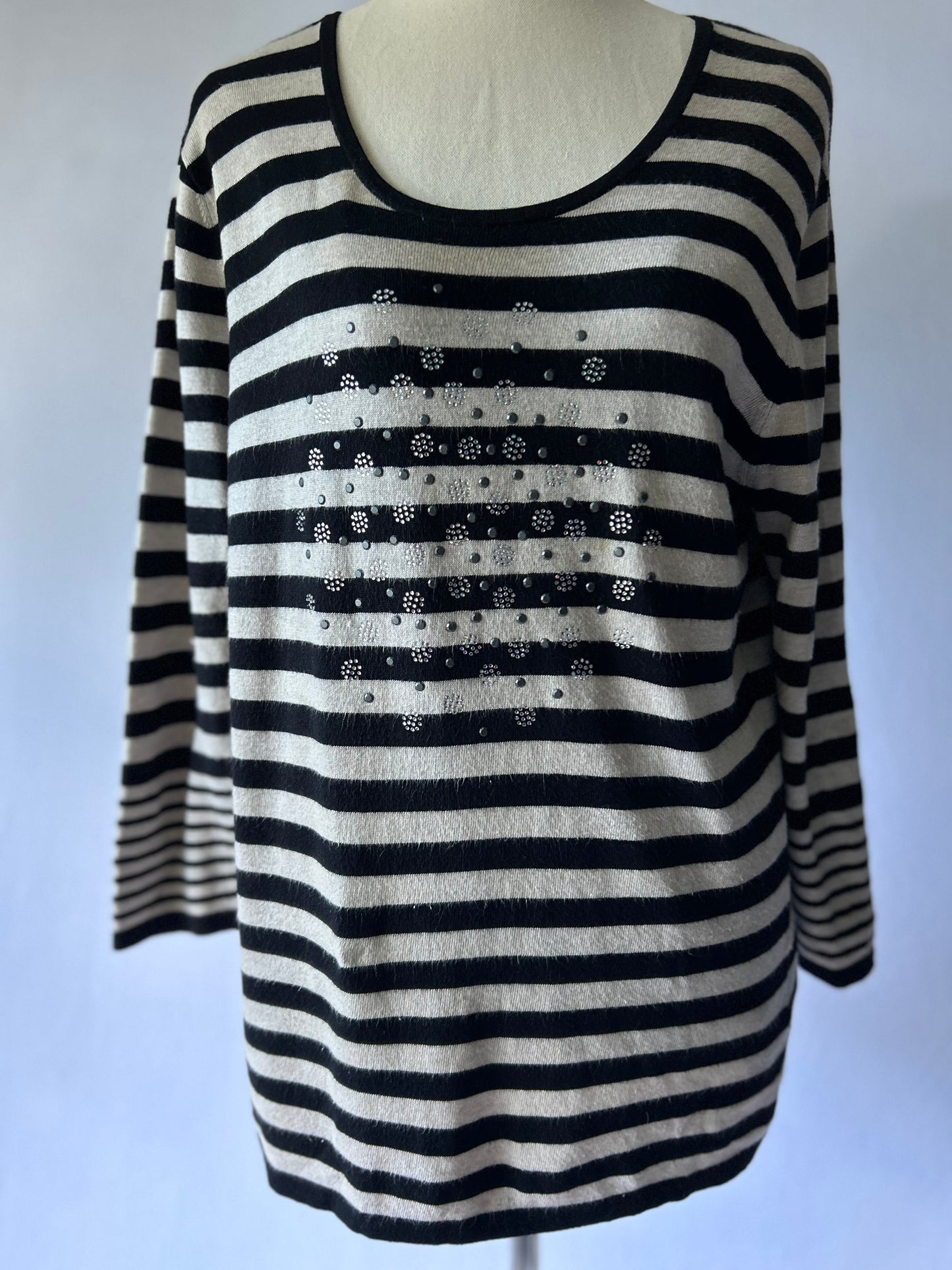 Black & White Striped Viscose Sweater with Rhinestone Detail – Size 38