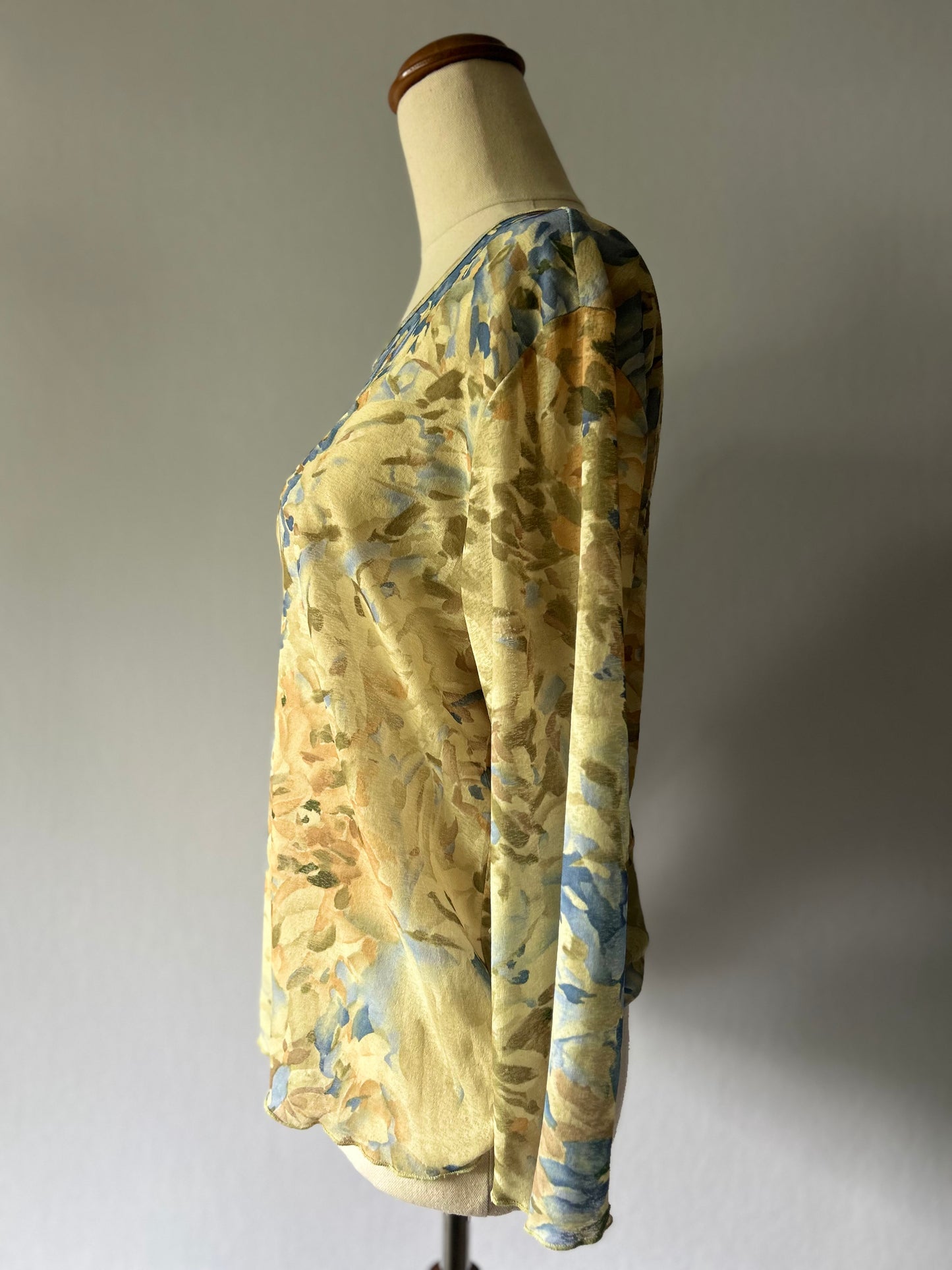 Abstract Watercolor Sheer Mesh Long-Sleeve Top - Size M