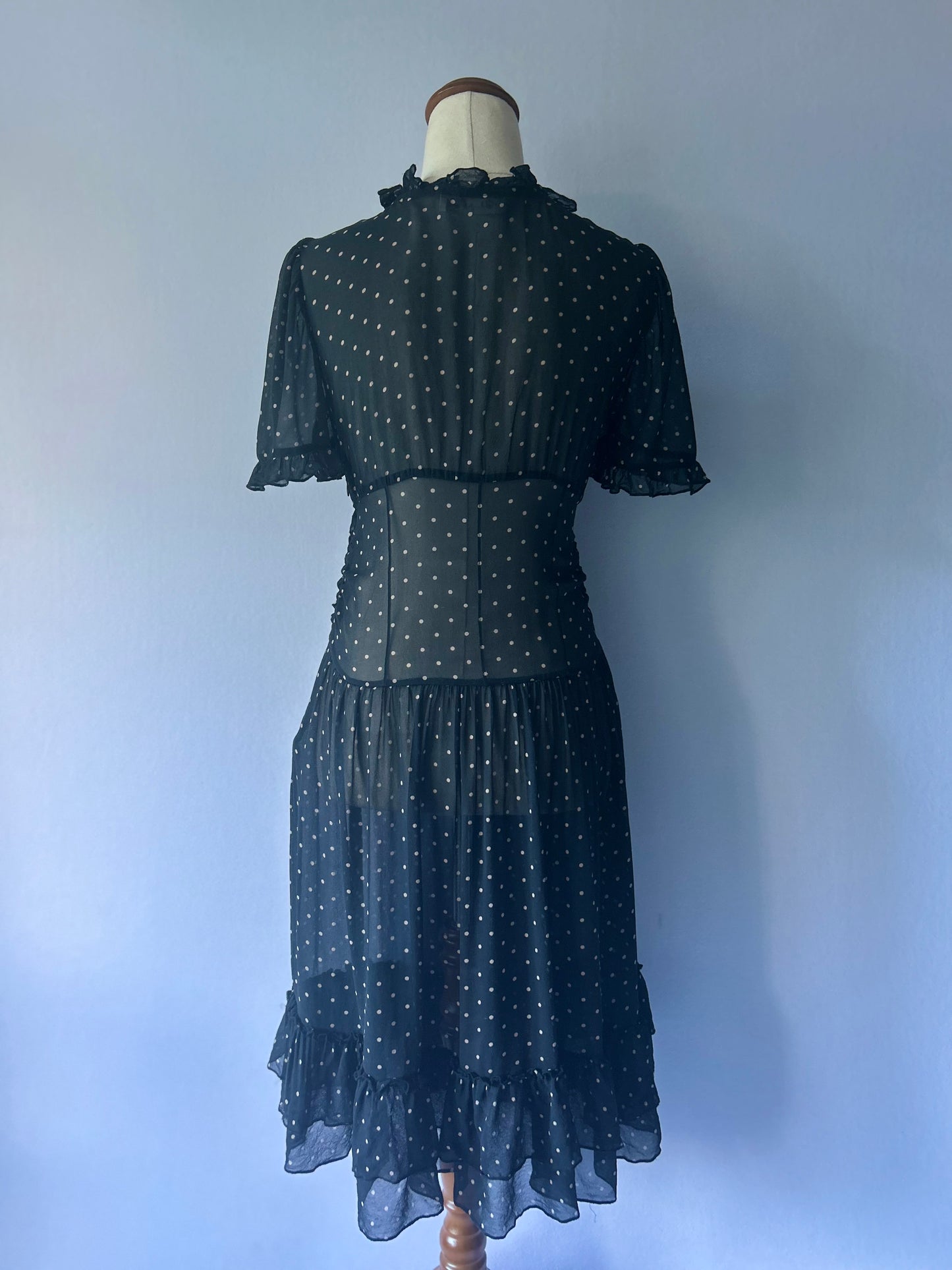 Alannah Hill 100% Silk Polka Dot Ruffle Midi Dress - Size 8