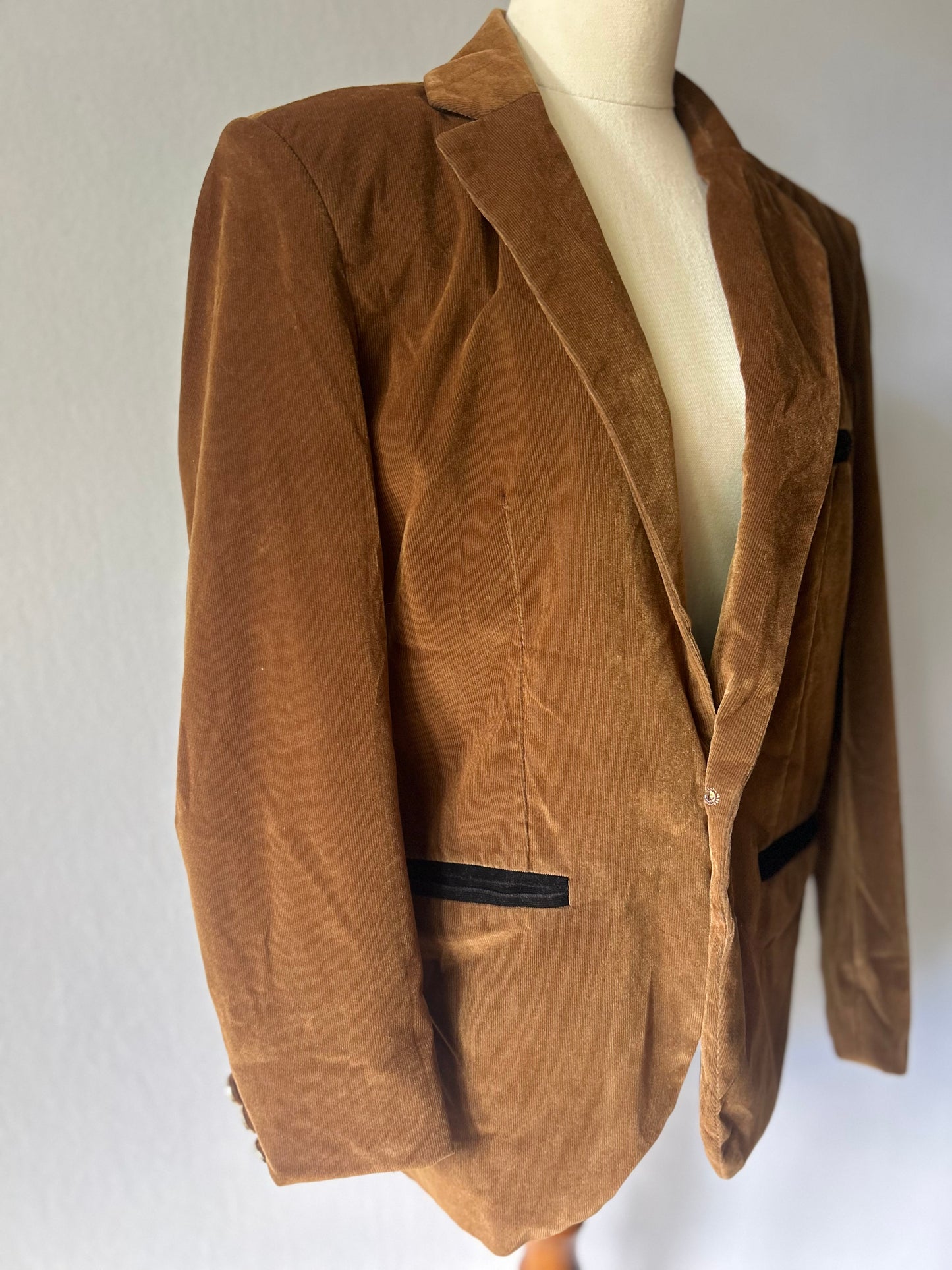 Vintage Contrast-Trim Velvet Blazer - Cognac Brown - Size 8