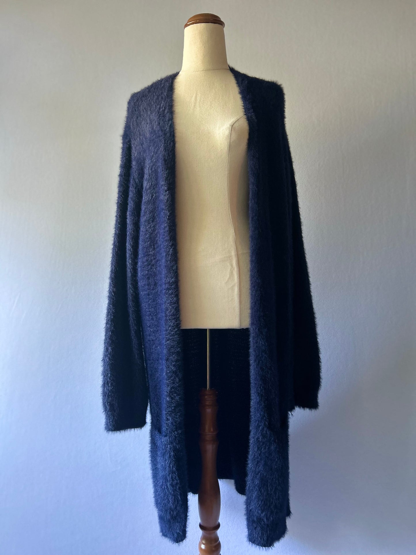 Navy Fluffy Knit Longline Cardigan - Size XL | Soft Textured Open Front Cape