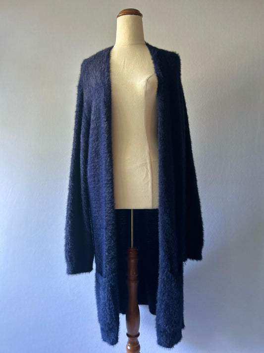 Navy Fluffy Knit Longline Cardigan - Size XL | Soft Textured Open Front Cape