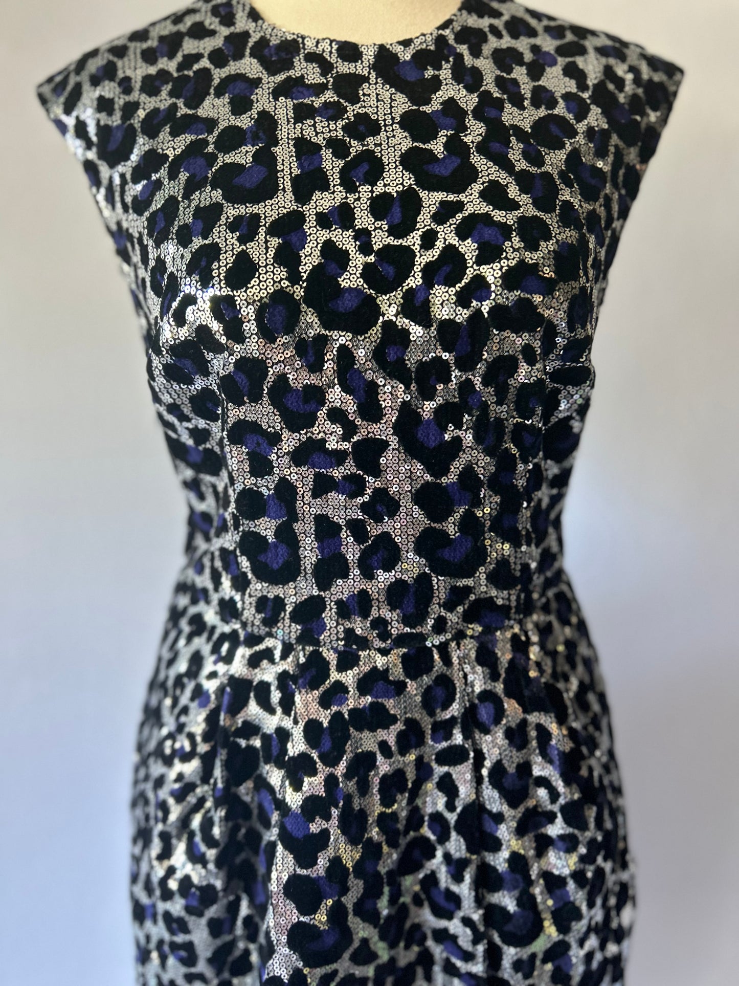 Metallic Leopard Print Dress with Violet Accents – Size UK 8 / EU 36 / US 4