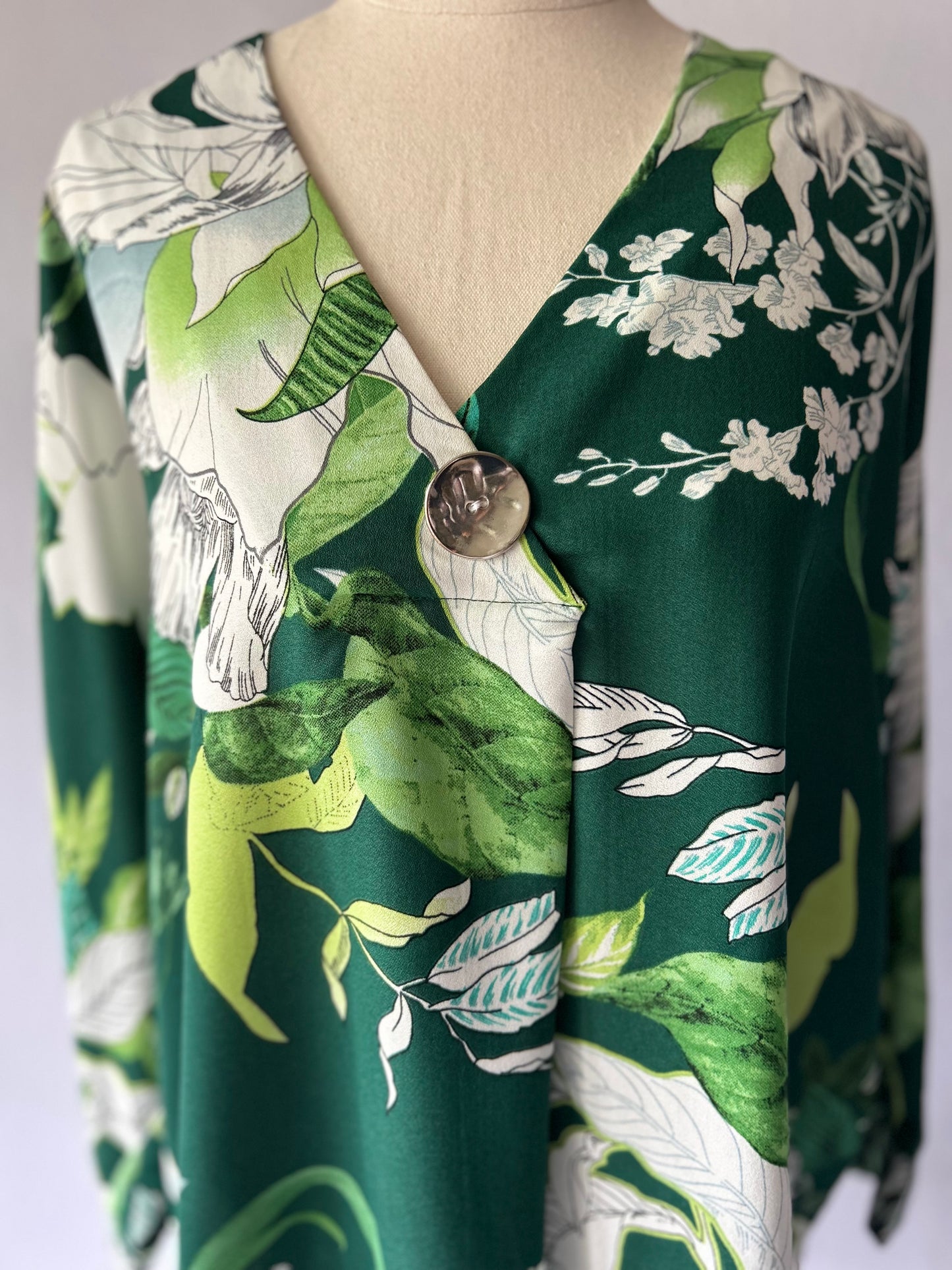 Lush Green Botanical Print Tunic Blouse - Oversize Fit
