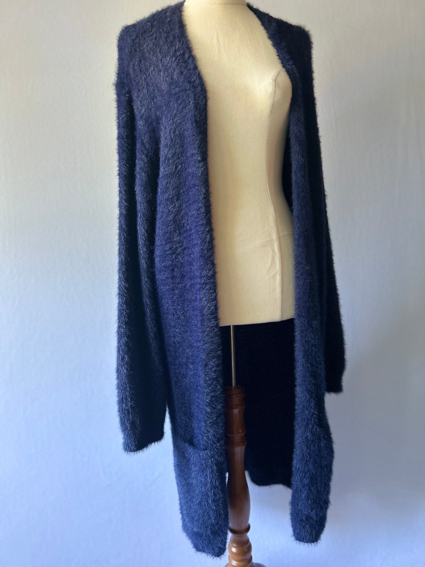 Navy Fluffy Knit Longline Cardigan - Size XL | Soft Textured Open Front Cape