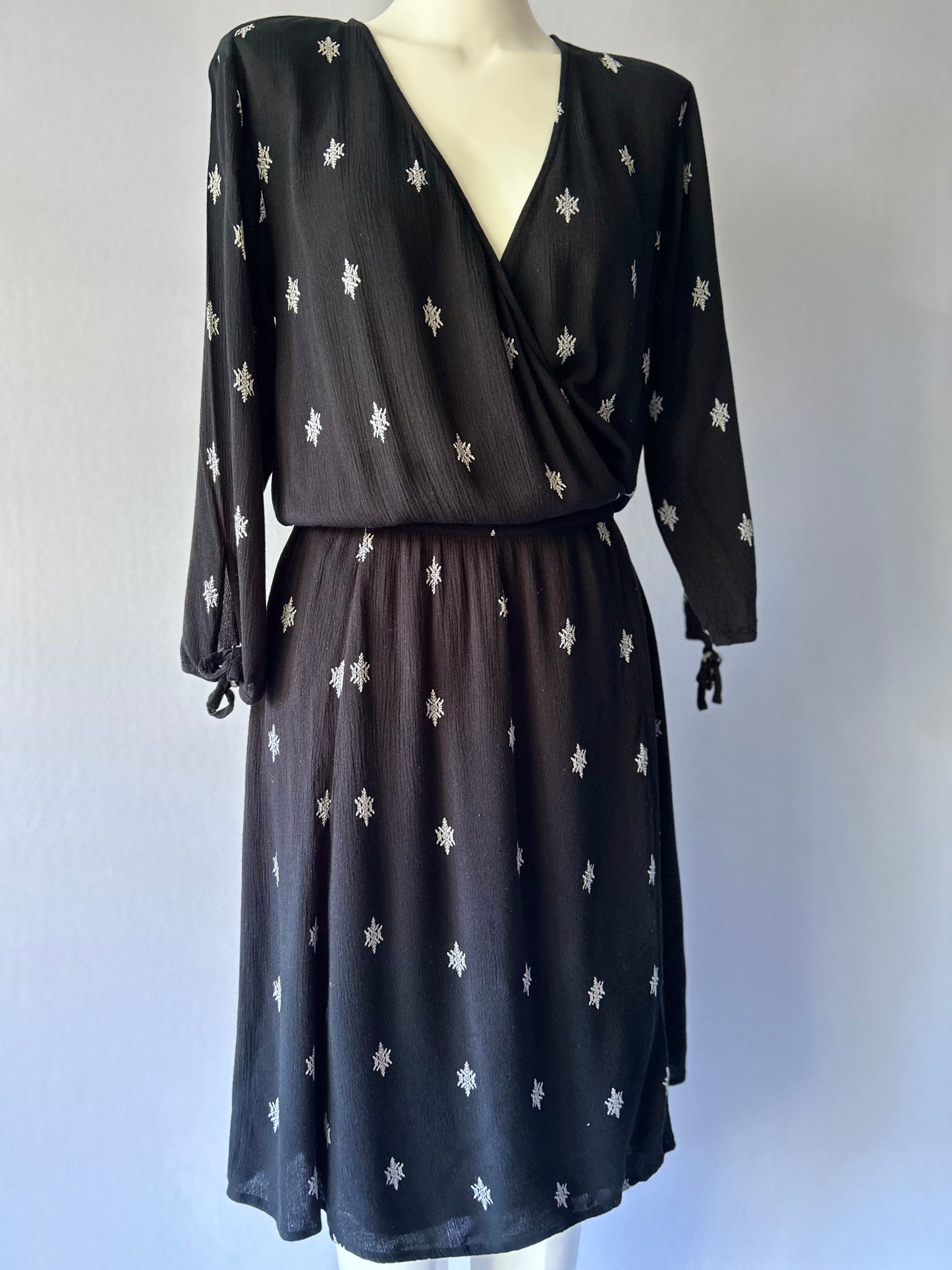 Max Black Abstract Geometric Wrap Midi Dress - Size 10