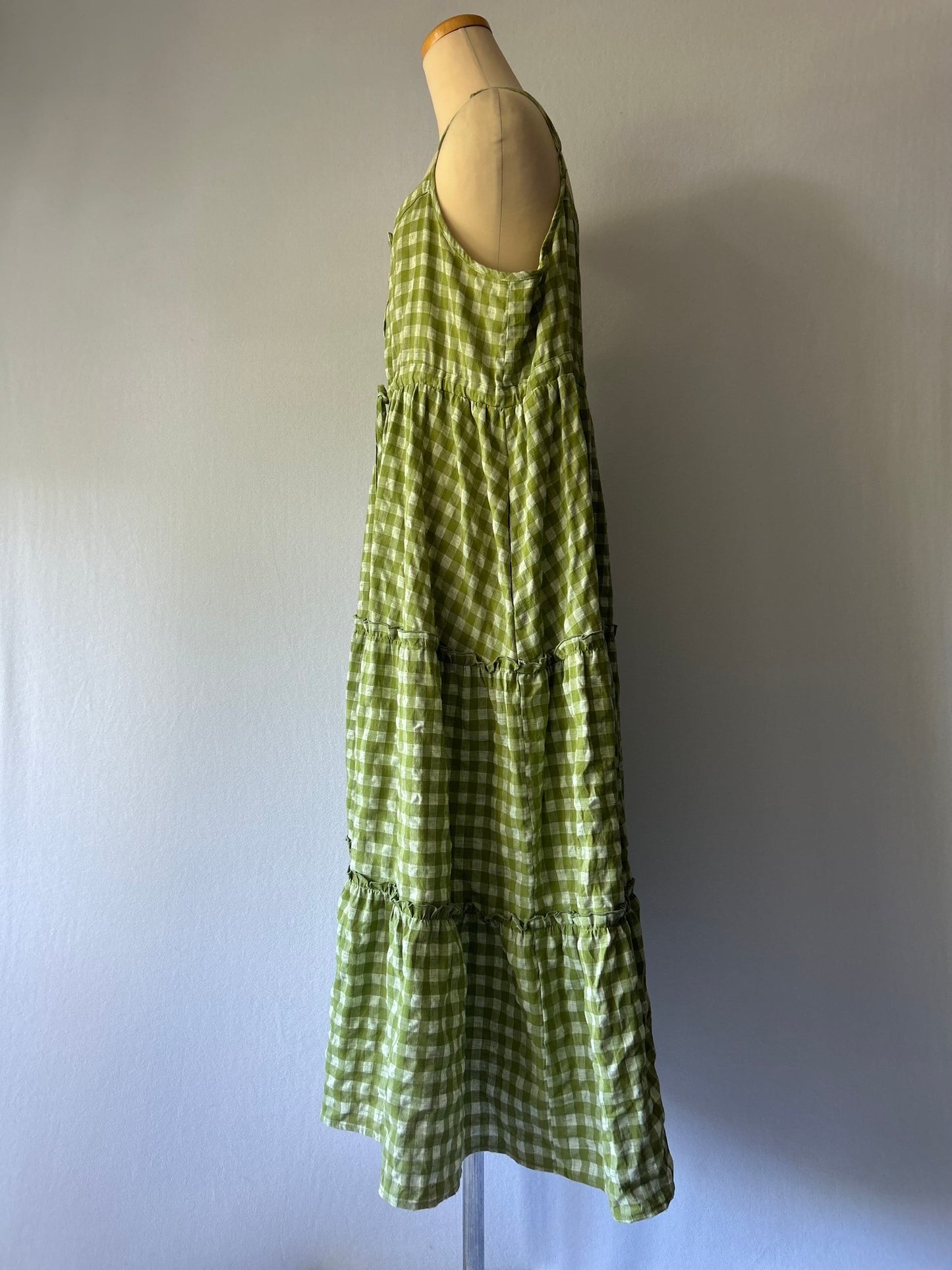 Sage Green Gingham Tiered Linen-Blend Maxi Dress - Size L