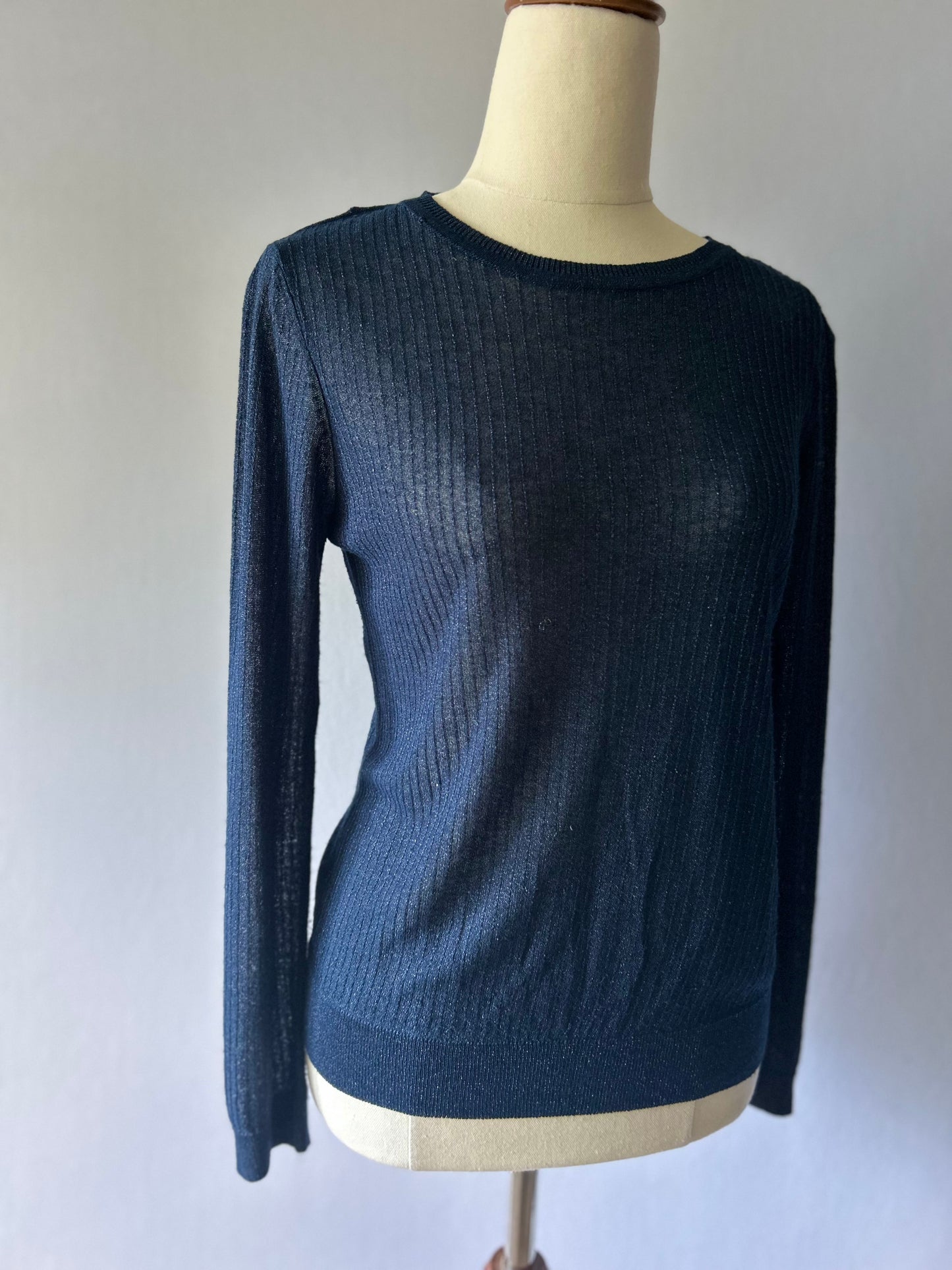 Zara Navy Metallic Ribbed Long Sleeve Top - Size M
