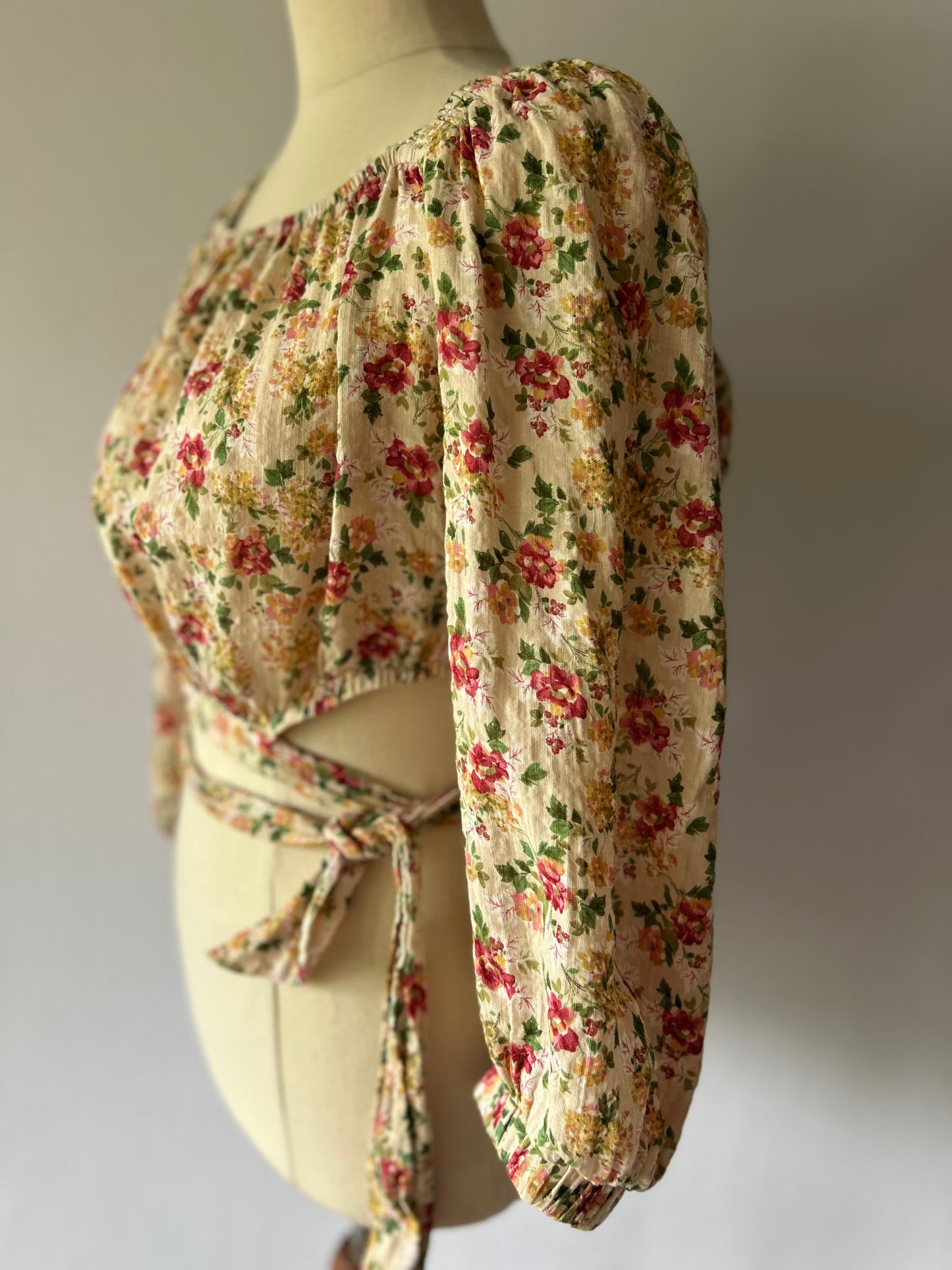 Floral Puff Sleeve Cropped Blouse with Wrap Tie Detail - Size Small