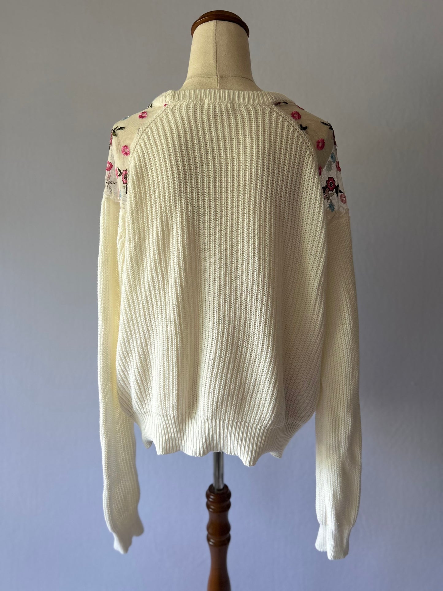 Floral Embroidered Mesh Yoke Knit Sweater - Size L (Acrylic)