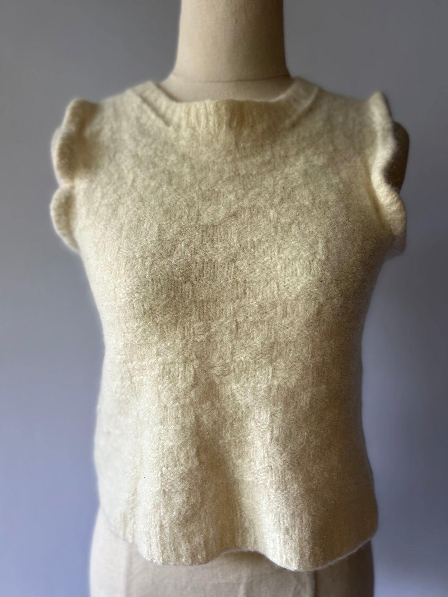 Romantic Knit Vest with Ruffle Shoulders - Cream Wool - Size S