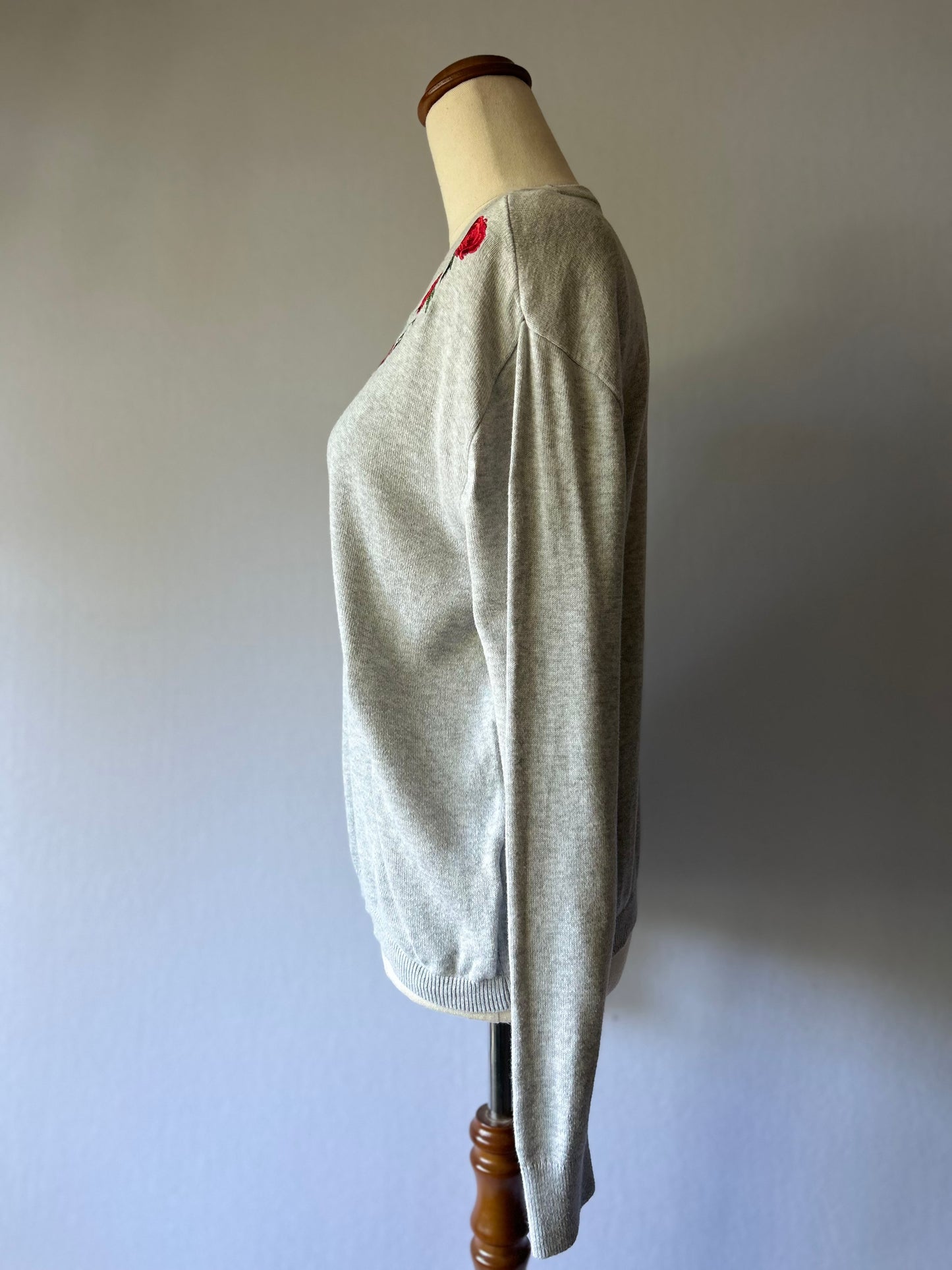 Rose Embroidered Fine-Knit Cotton Jumper - Heather Grey - Size Small