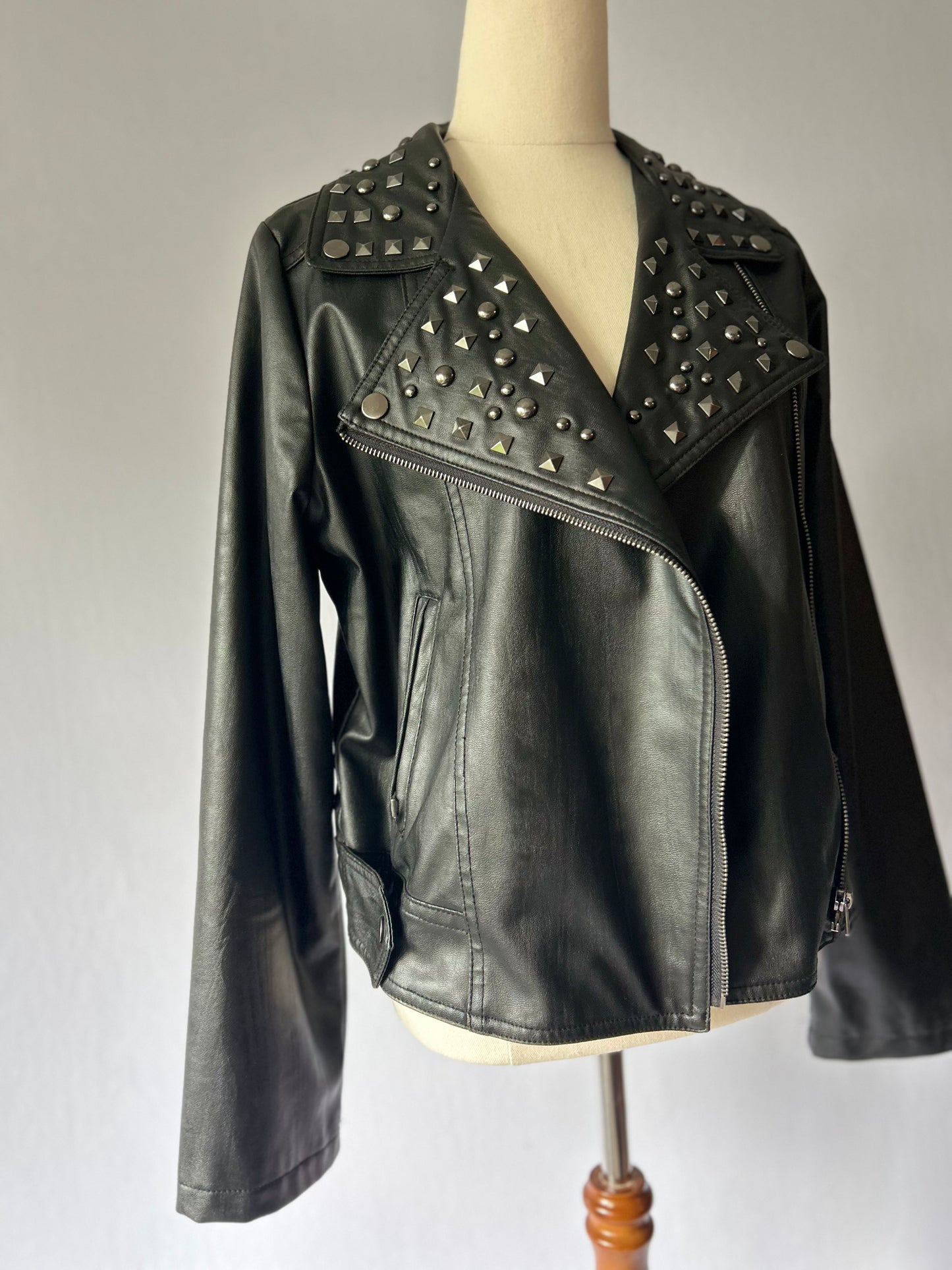 Studded Faux Leather Biker Jacket - Black - Size 12