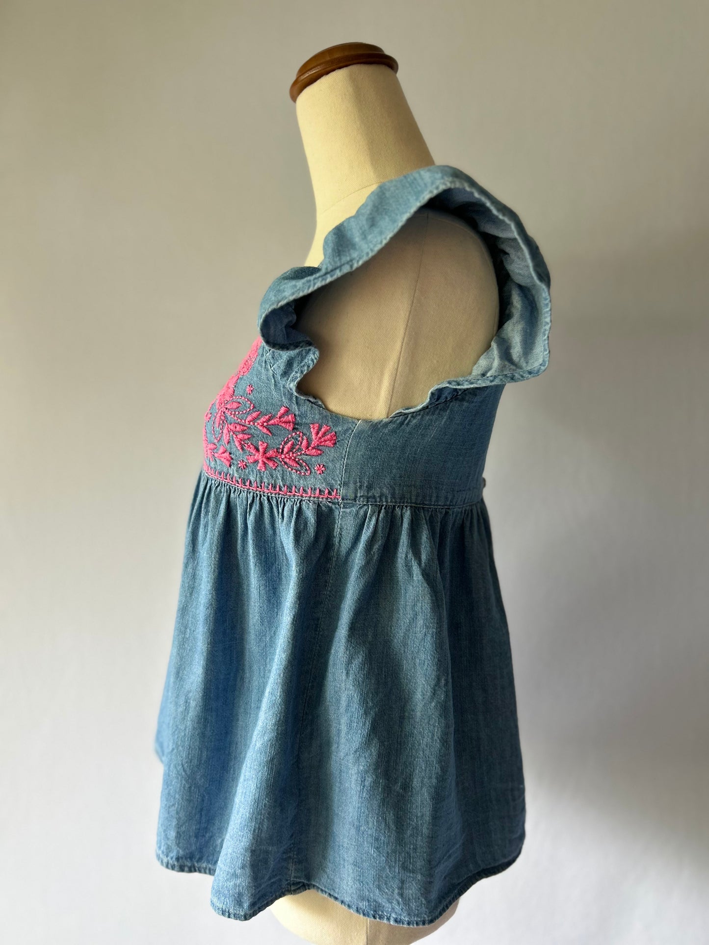 Denim Chambray Babydoll Top with Pink Embroidery Small