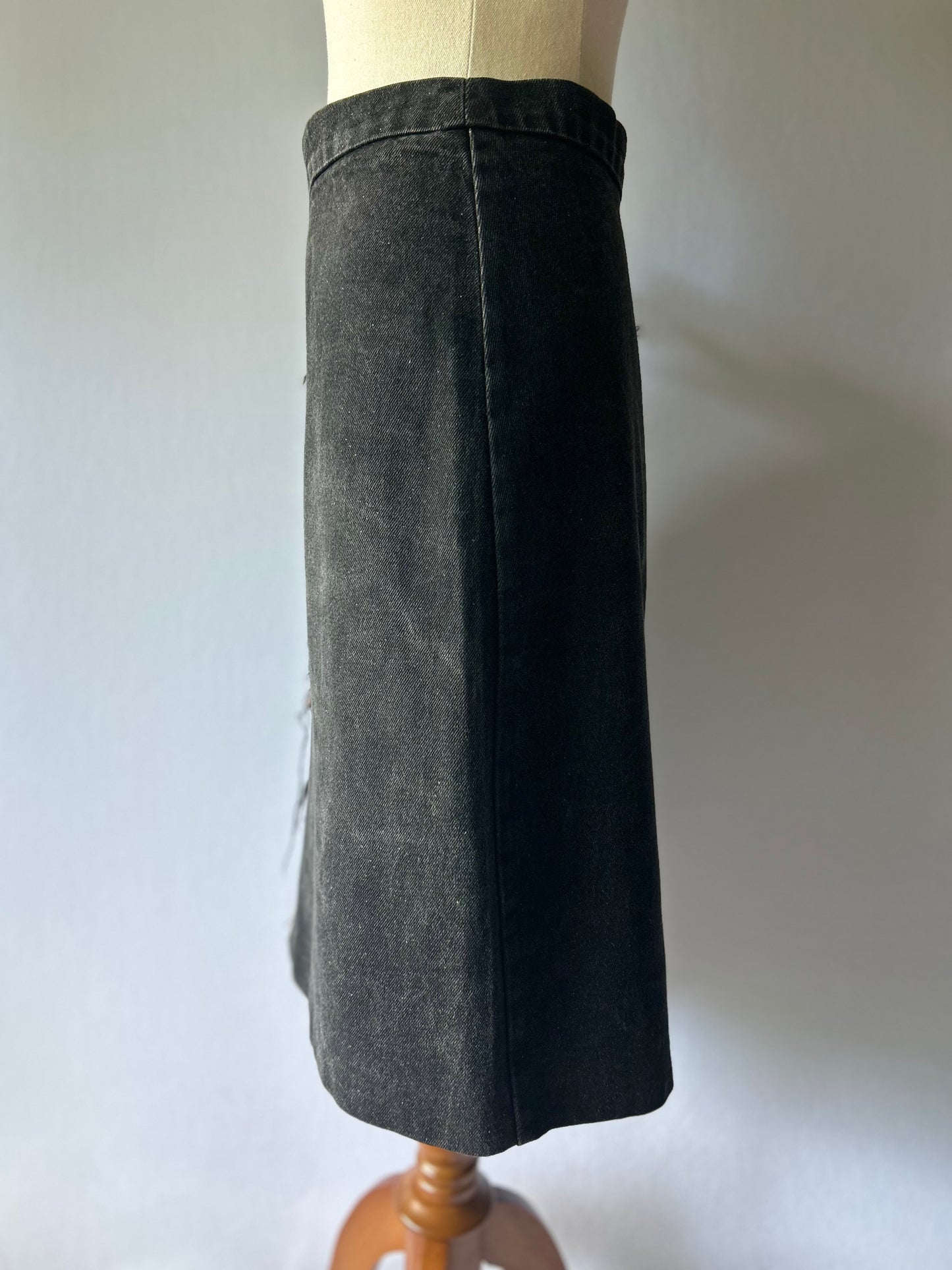 Ricochet Black Denim A-Line Skirt - Size 12 | 100% Cotton with Raw Edge Detail