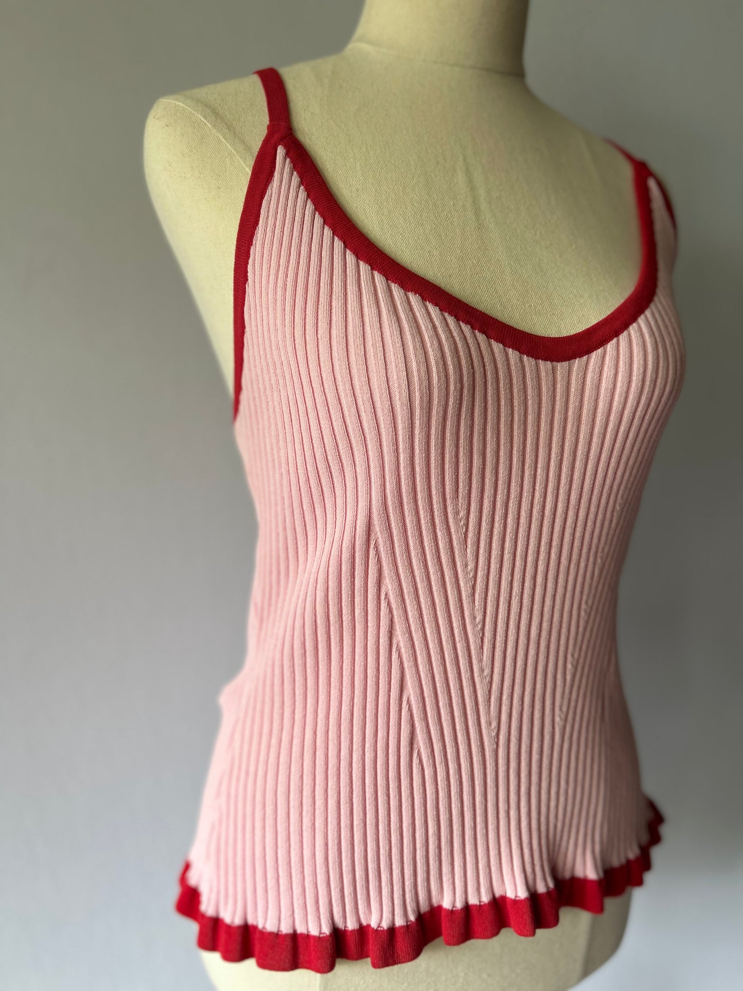 Ruby Pink Ribbed Knit Cami Tank Top with Red Contrast Trim - Size 12