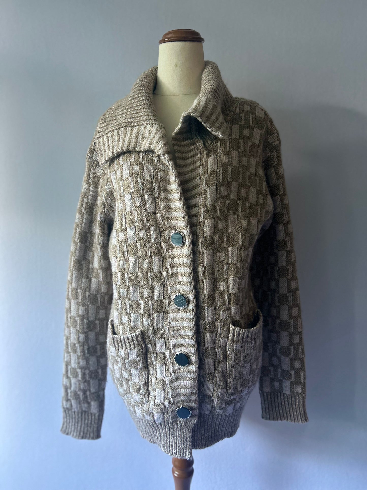 Beige & Cream Geometric Checkerboard Knit Cardigan - Size L