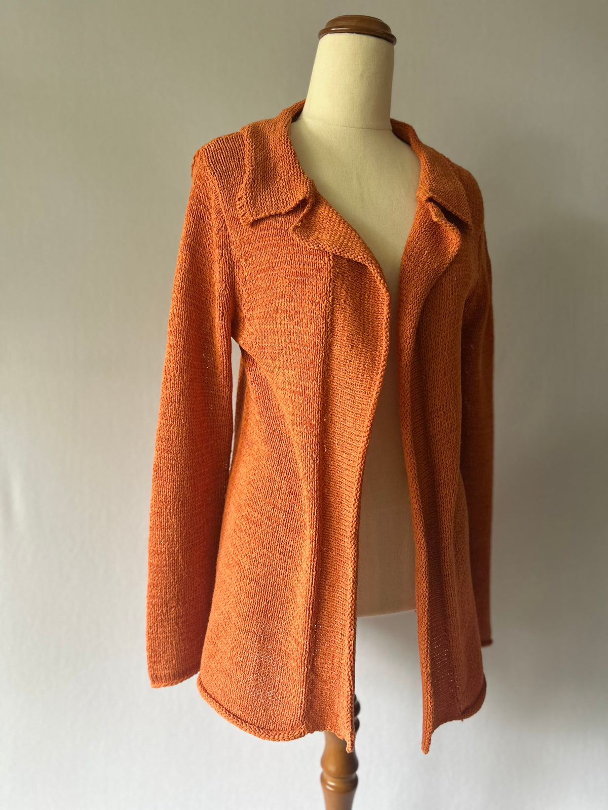 Terracotta Open-Front Collared Longline Knit Cardigan - Size S