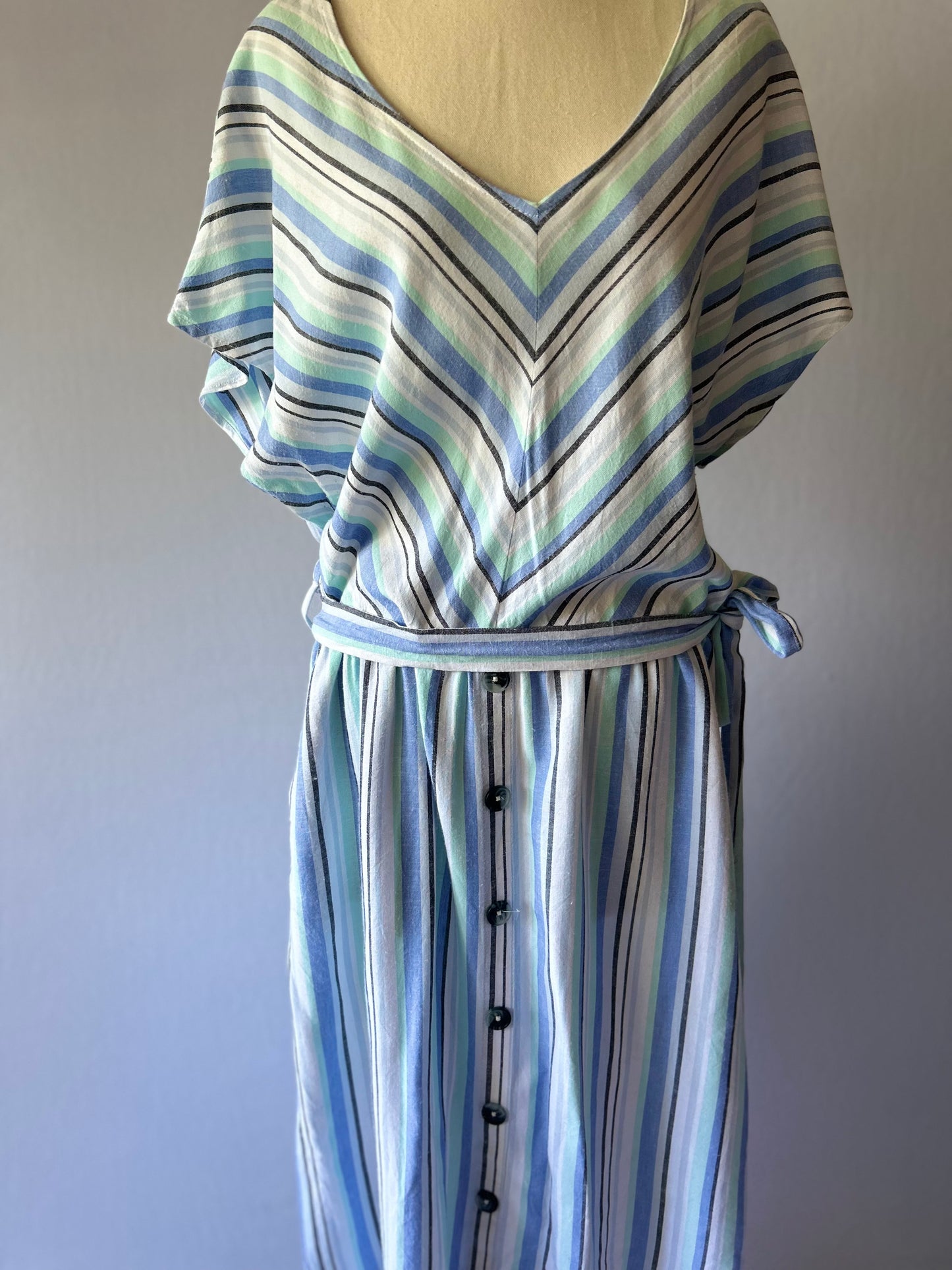 Size 16 | Linen Blend Striped Maxi Dress | Blue Green V-Neck Summer Dress