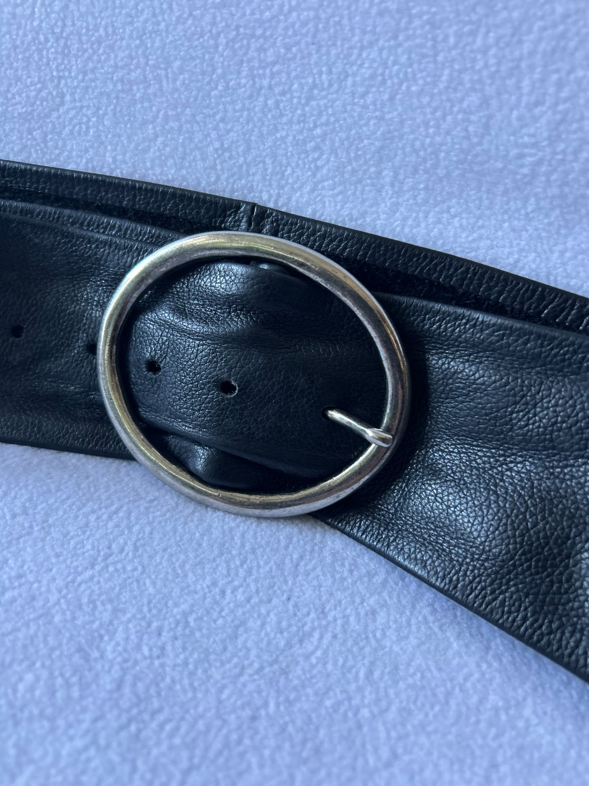 Black Genuine Leather Wide Waist Belt with Silver Oval Buckle - 98cm