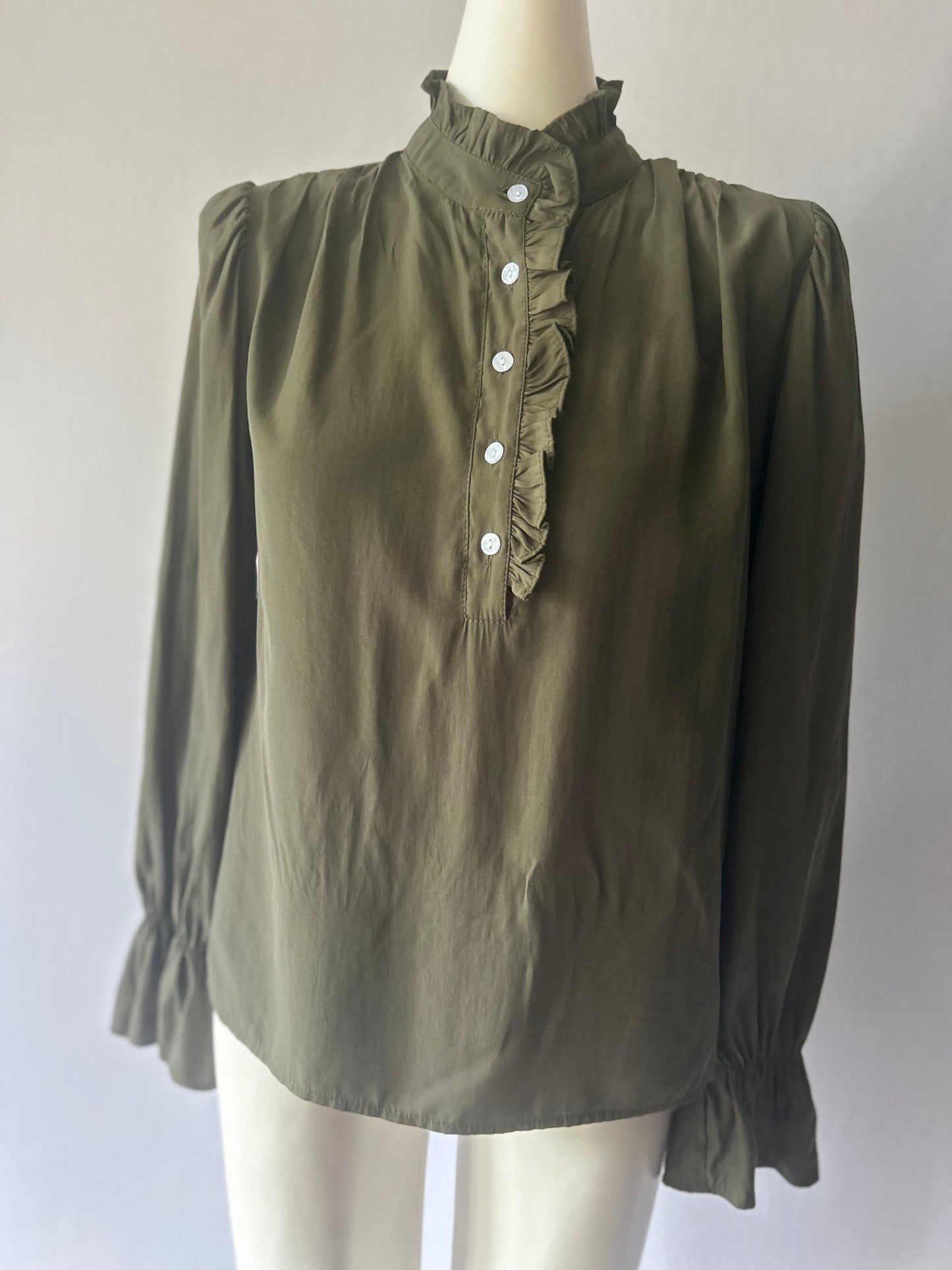 Romantic Ruffle High Neck Blouse - Olive Green - Size S