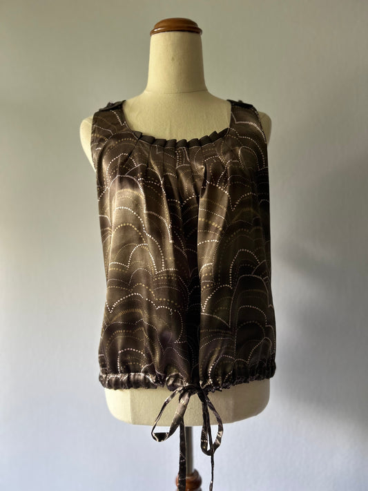 Max Vintage Satin Pleated Neck Drawstring Bubble Hem Top - Chocolate Brown - Size 12