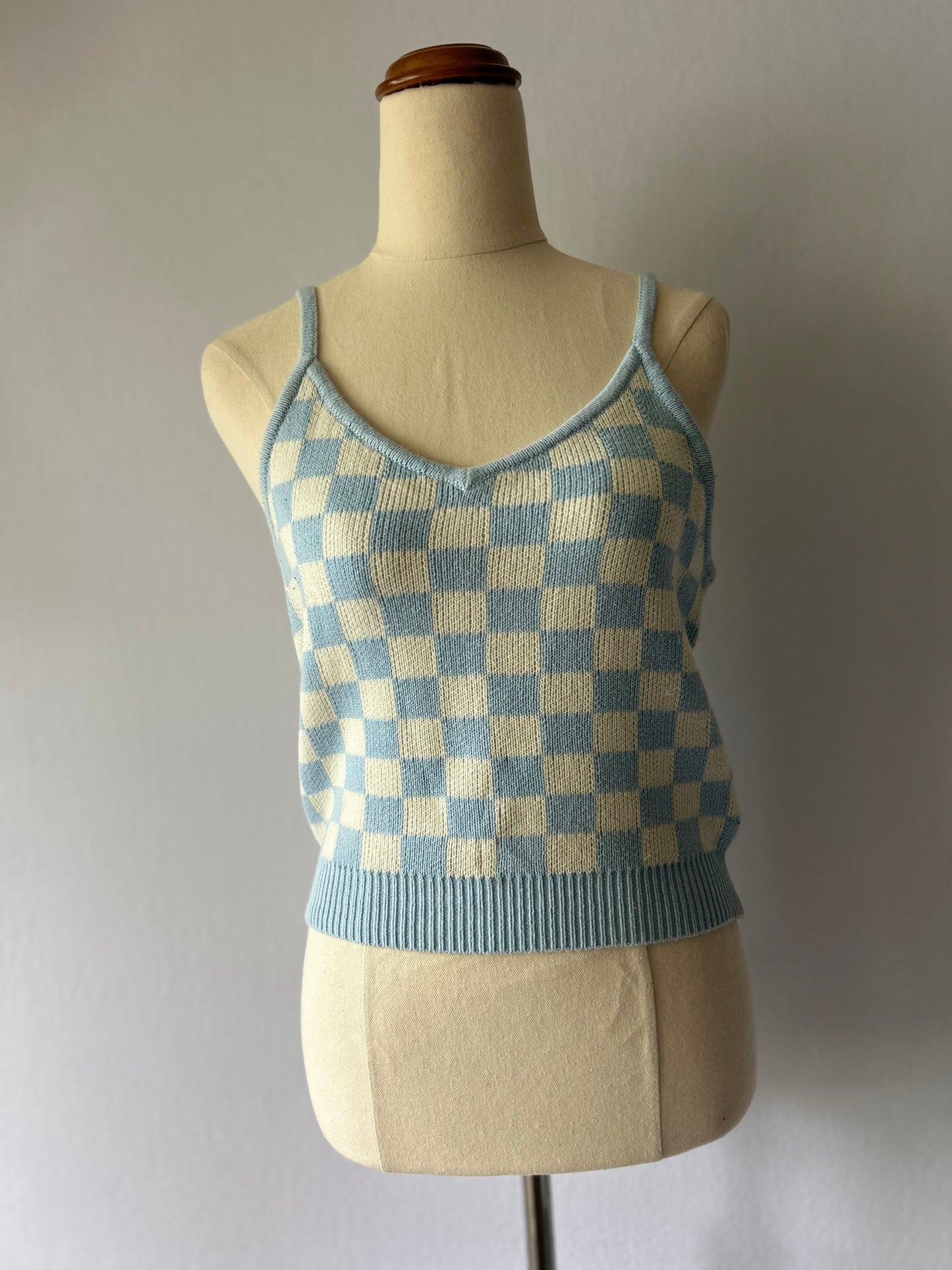 Size 10 | Blue Checkered Knit Tank Top – 100% Cotton