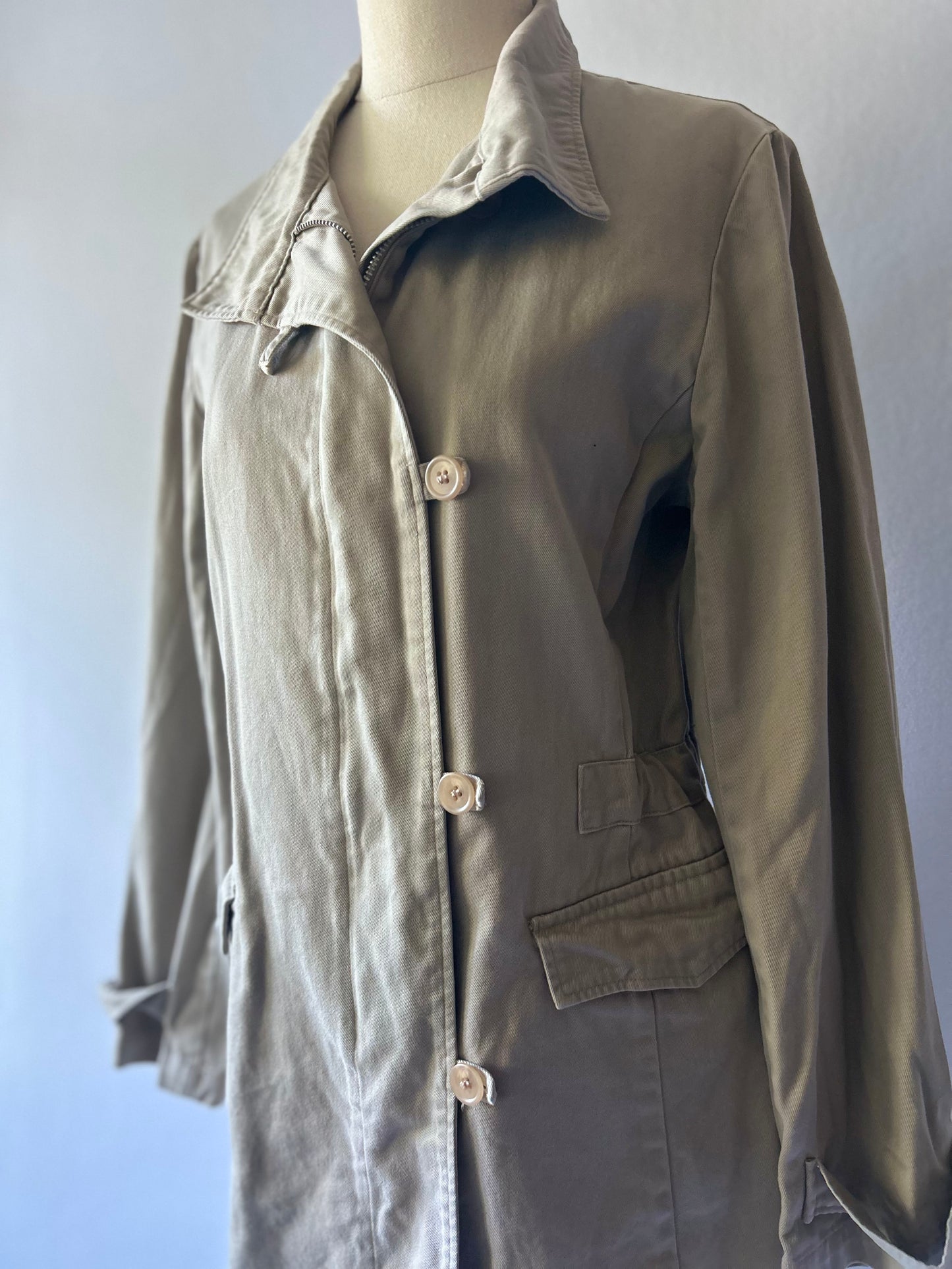 Structured Cotton Utility Trench Jacket with Zip & Button Closure - Size M