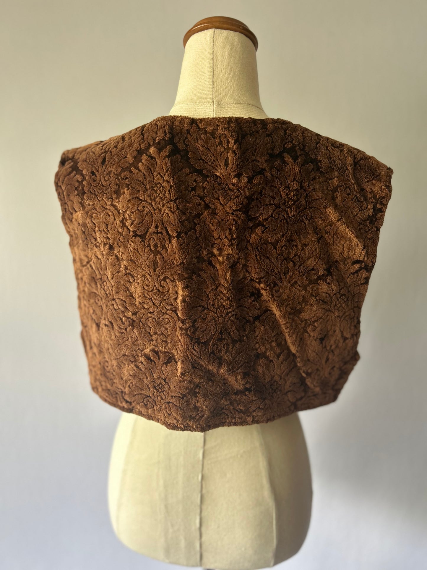Artisanal Brown Floral Velvet Damask Bolero Vest - Size Small