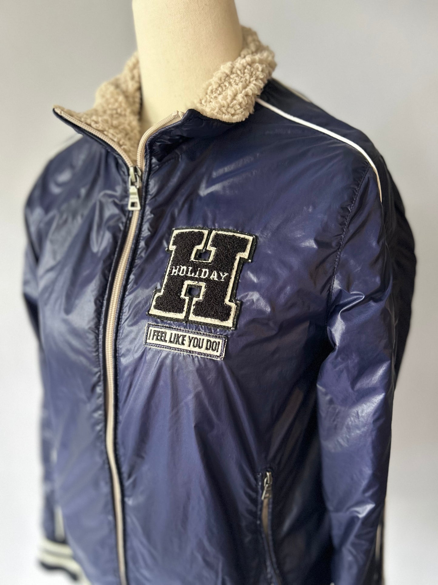 Holiday Varsity Coated Track Jacket - Sherpa-Lined Navy Blue - Size S/M