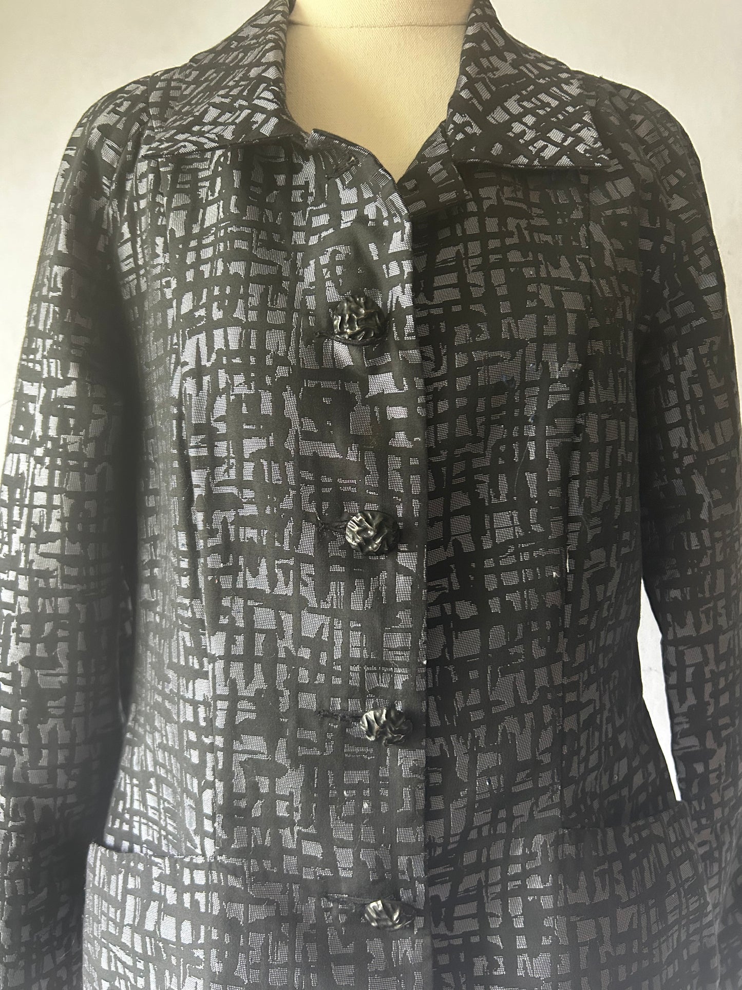 Anne Mardell Black Patterned Jacket – Size 12 – Made in New Zealand – Cotton Blend